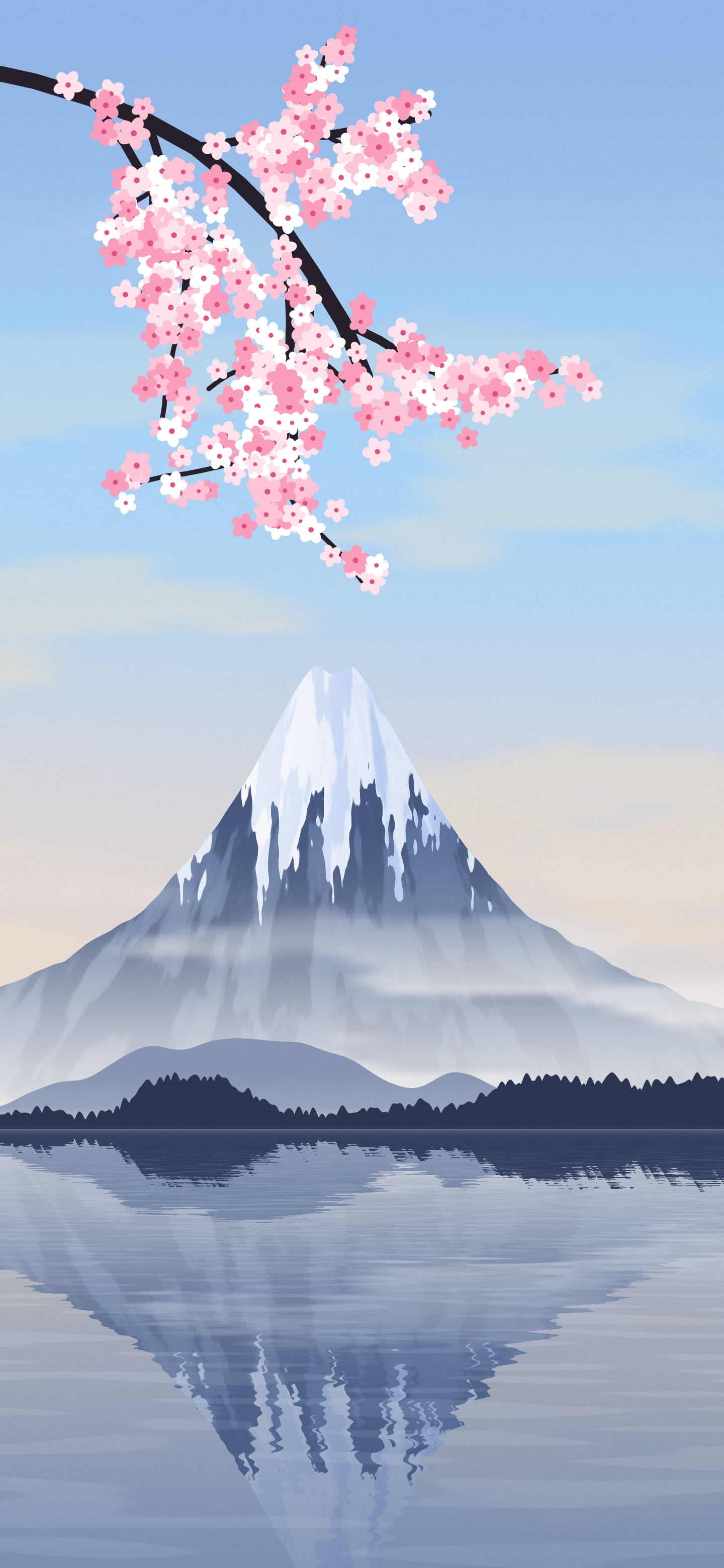 Light Blue Japanese Mountain and Cherry Blossom wallpaper for iPhone and Android