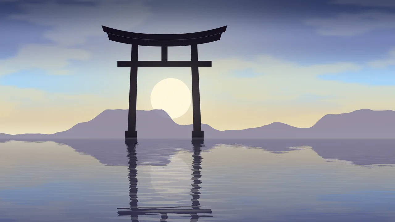 Light Blue Japanese Torii Gate Sunset desktop wallpaper in 4K
