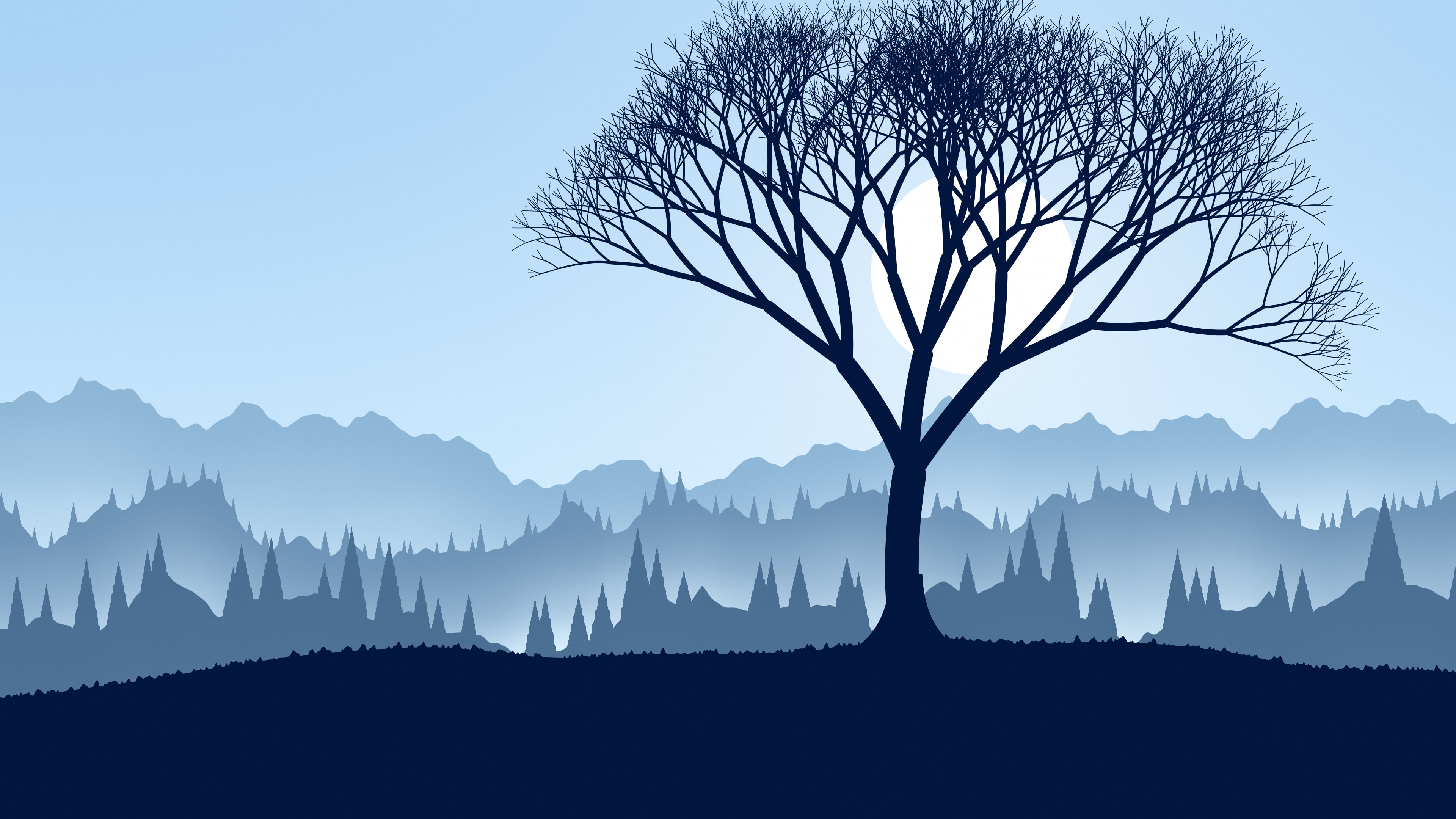 Light Blue Lone Tree in Fog desktop wallpaper in 4K