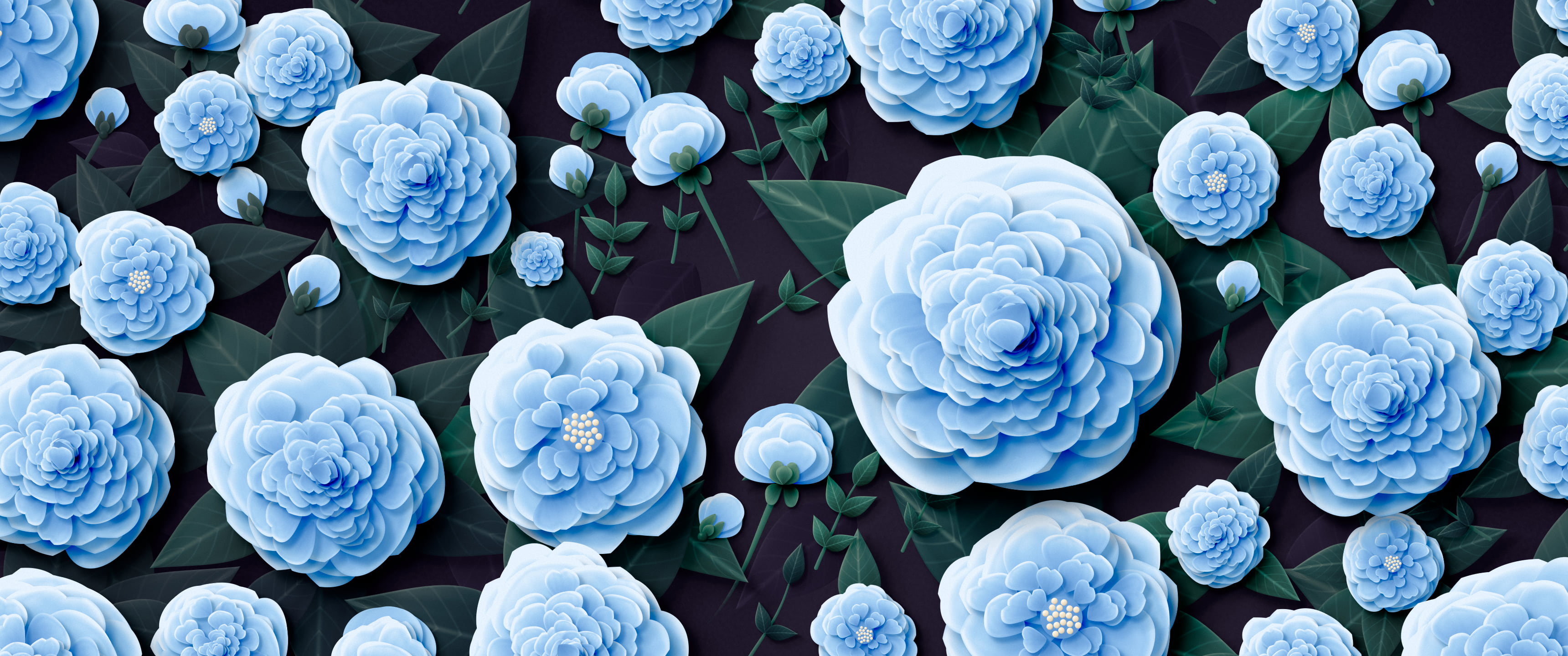 Light Blue Paper Peonies ultrawide wallpaper, 3440 × 1440