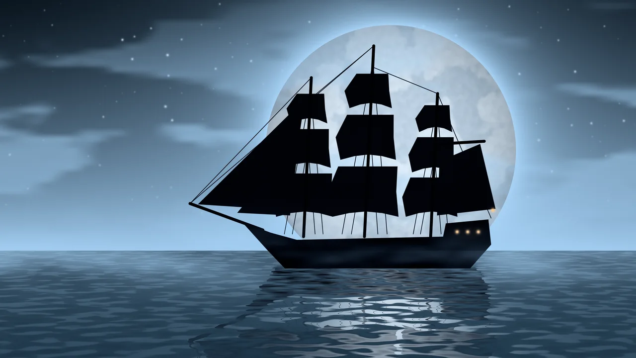 Light Blue Pirate Ship and Full Moon desktop wallpaper in 4K