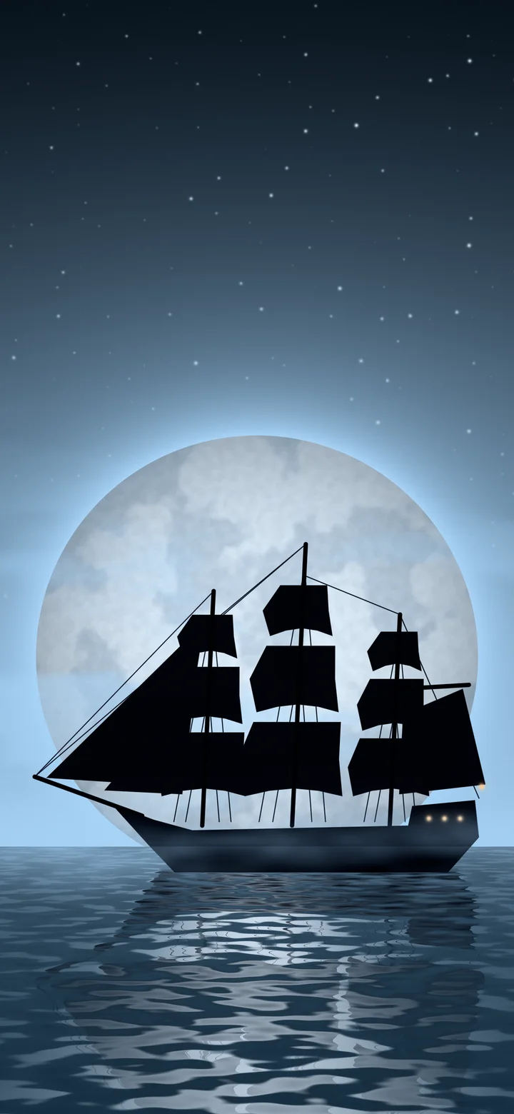 Light Blue Pirate Ship and Full Moon wallpaper for iPhone and Android