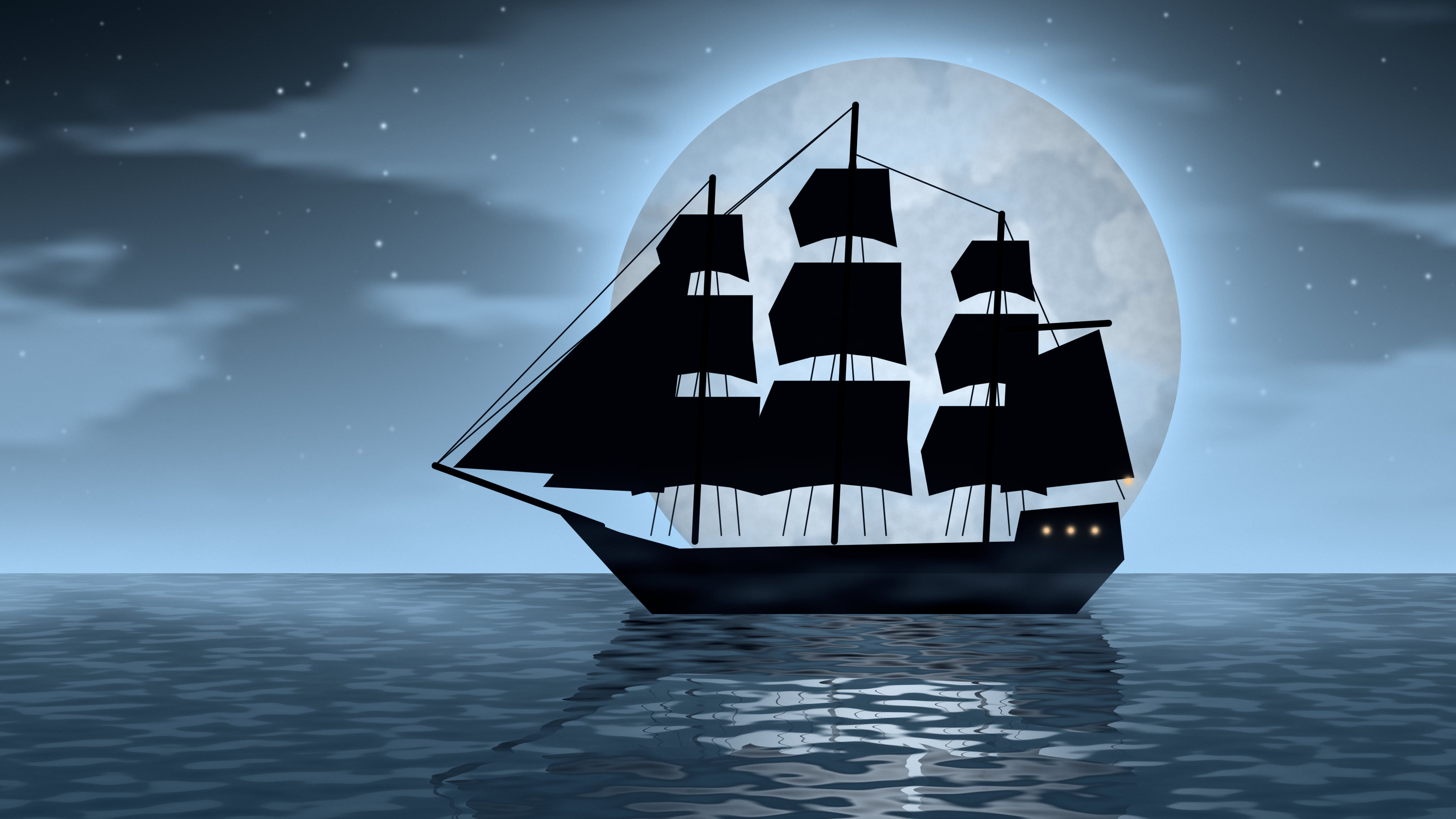 Light Blue Pirate Ship and Full Moon desktop wallpaper in 4K