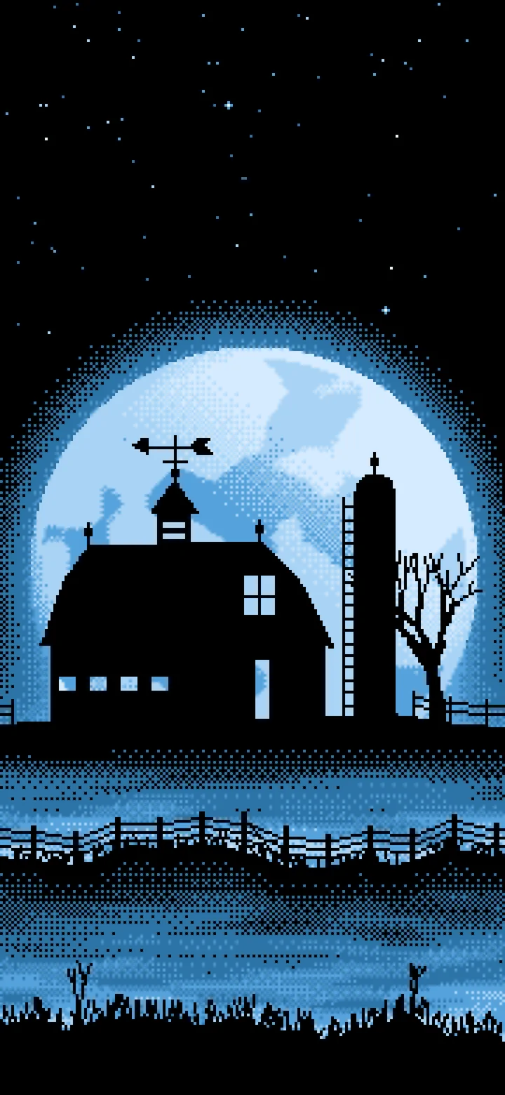Light Blue Pixel Art Barn and Harvest Moon wallpaper for iPhone and Android