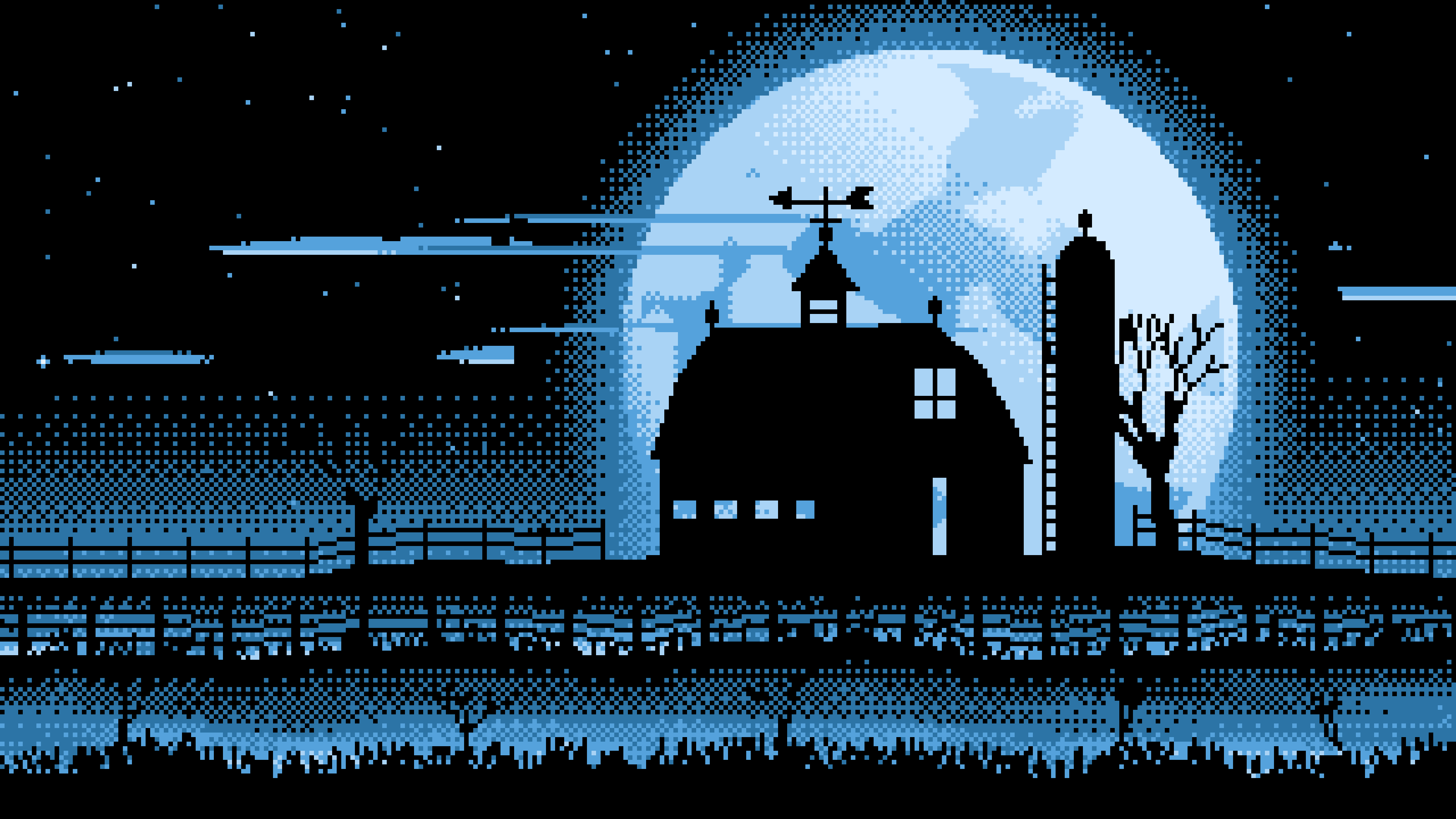 Light Blue Pixel Art Barn and Harvest Moon desktop wallpaper in 4K