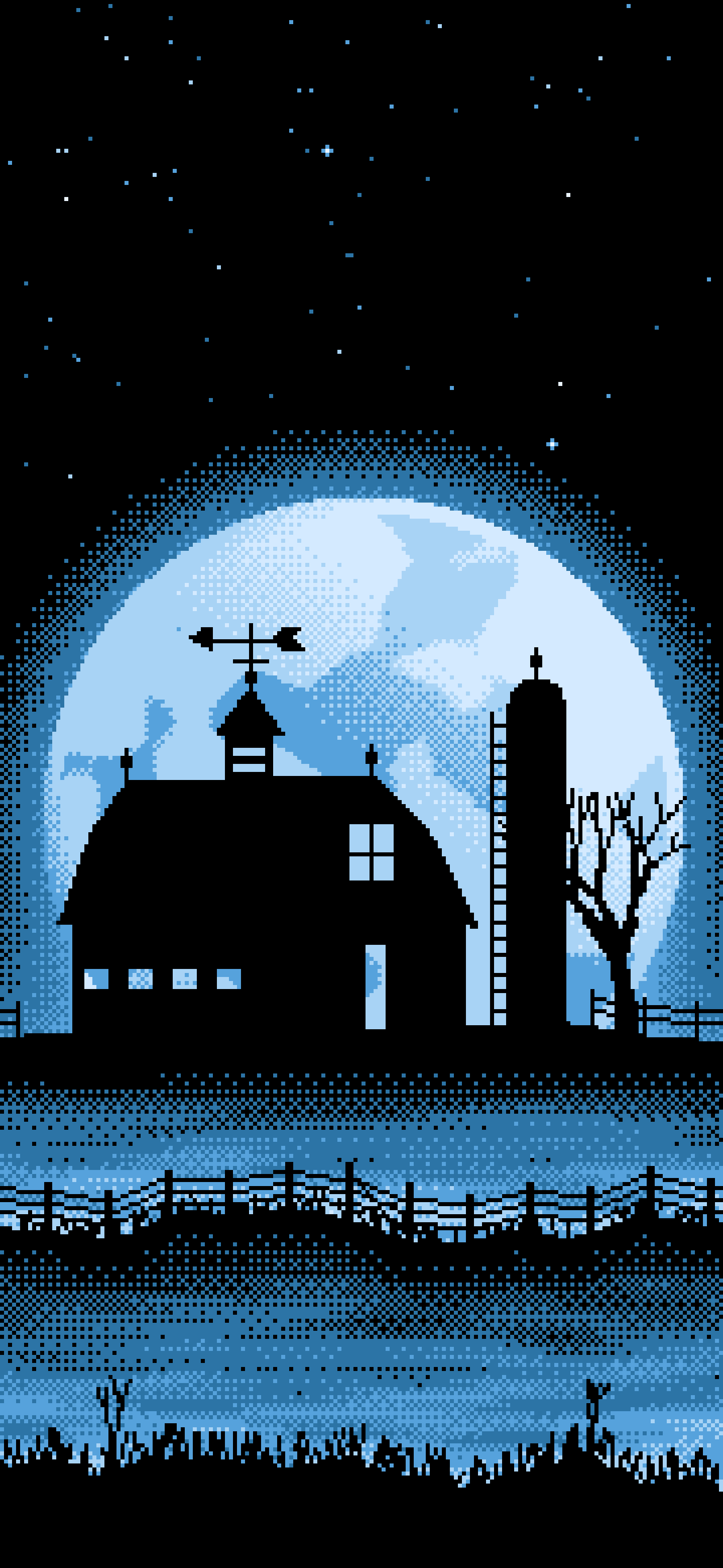Light Blue Pixel Art Barn and Harvest Moon wallpaper for iPhone and Android