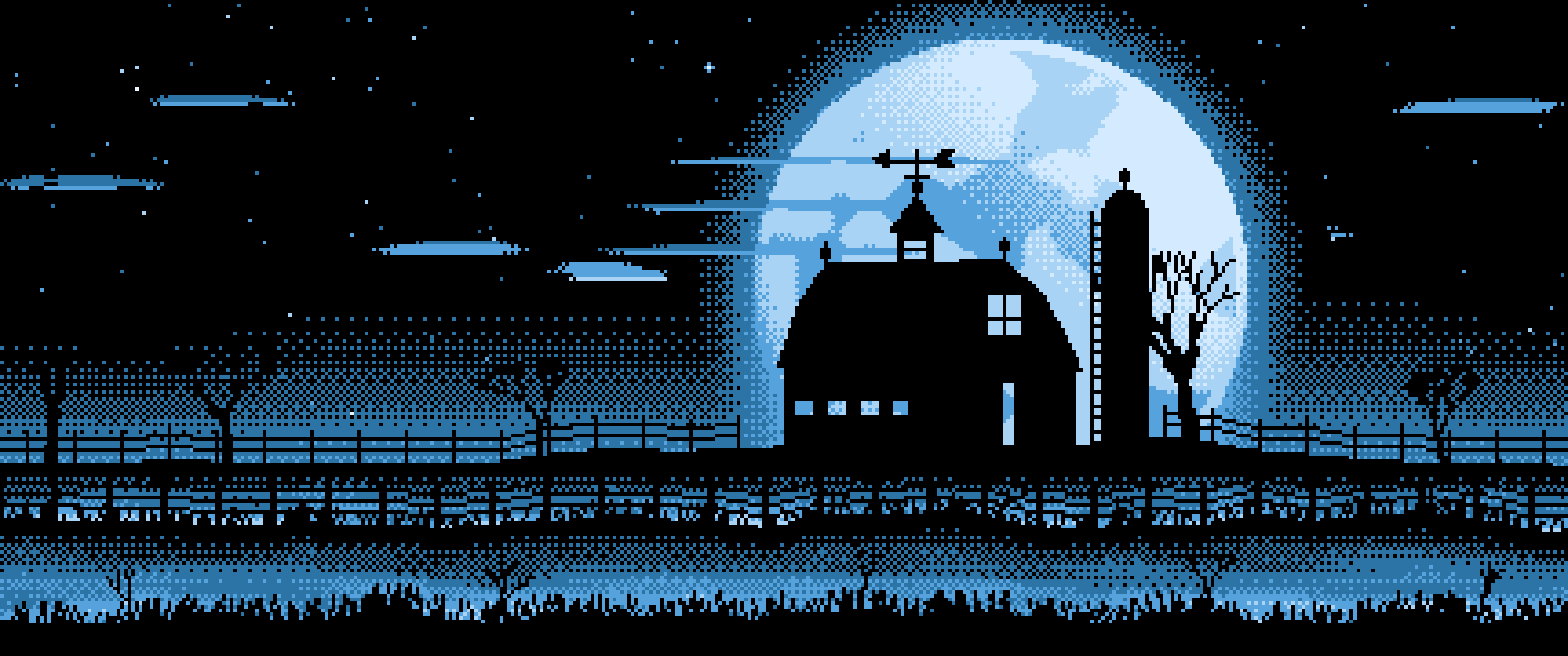 Light Blue Pixel Art Barn and Harvest Moon ultrawide wallpaper, 3440 × 1440