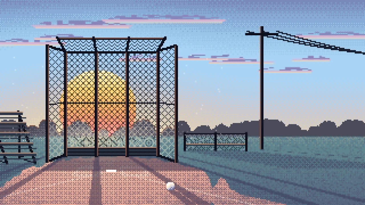 Light Blue Pixel Art Baseball Backstop at Sunset desktop wallpaper in 4K