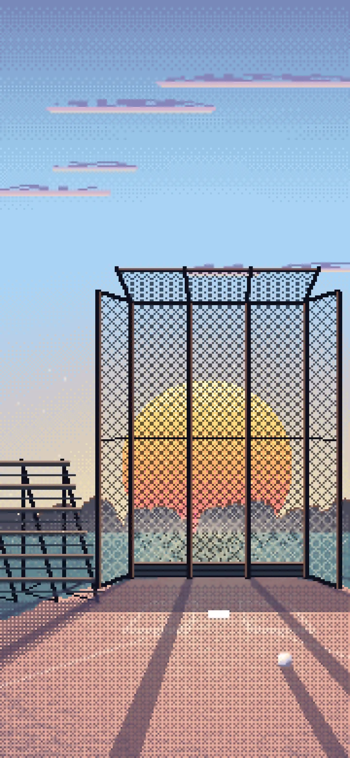 Light Blue Pixel Art Baseball Backstop at Sunset wallpaper for iPhone and Android