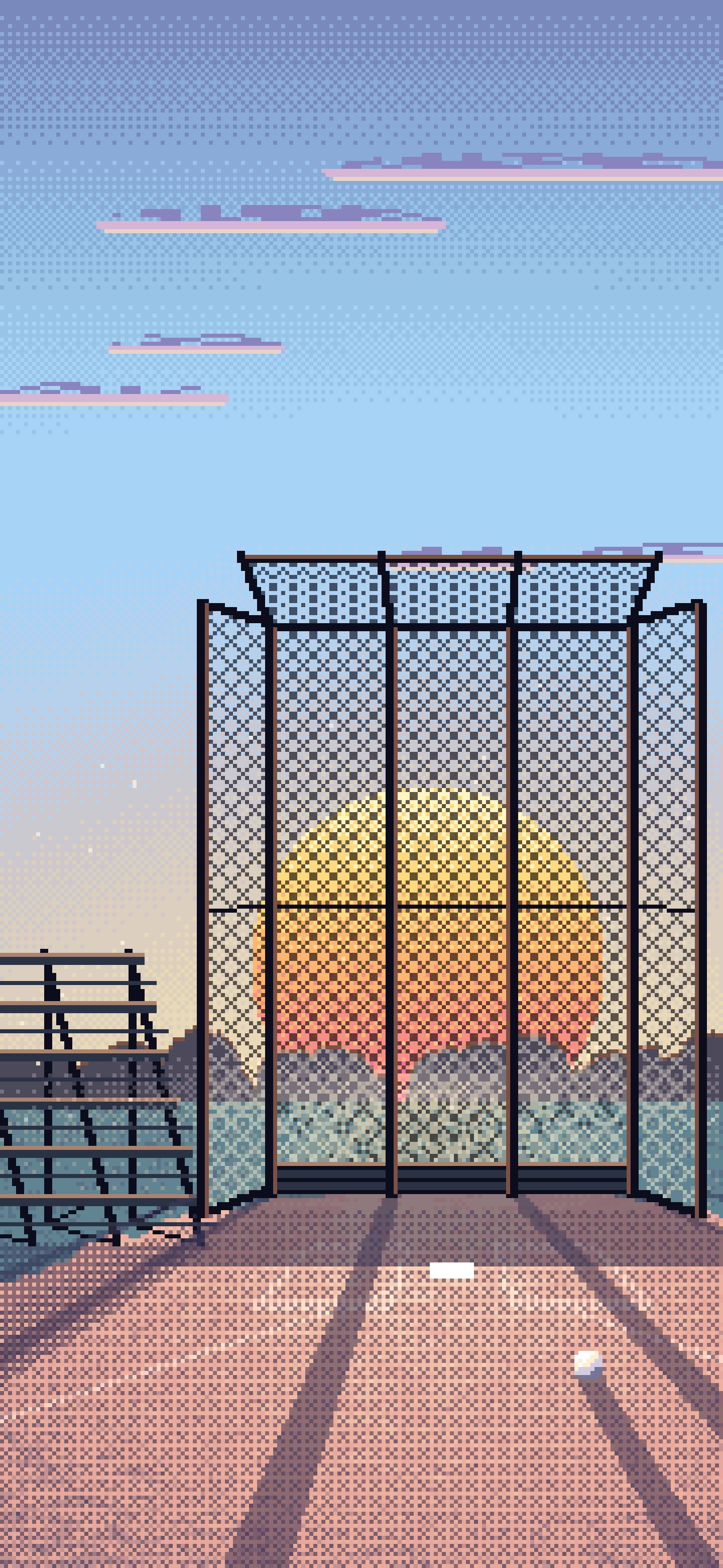 Light Blue Pixel Art Baseball Backstop at Sunset wallpaper for iPhone and Android