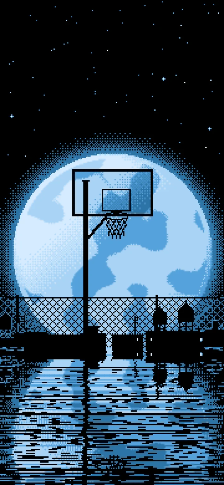 Light Blue Pixel Art Basketball Hoop and Full Moon wallpaper for iPhone and Android