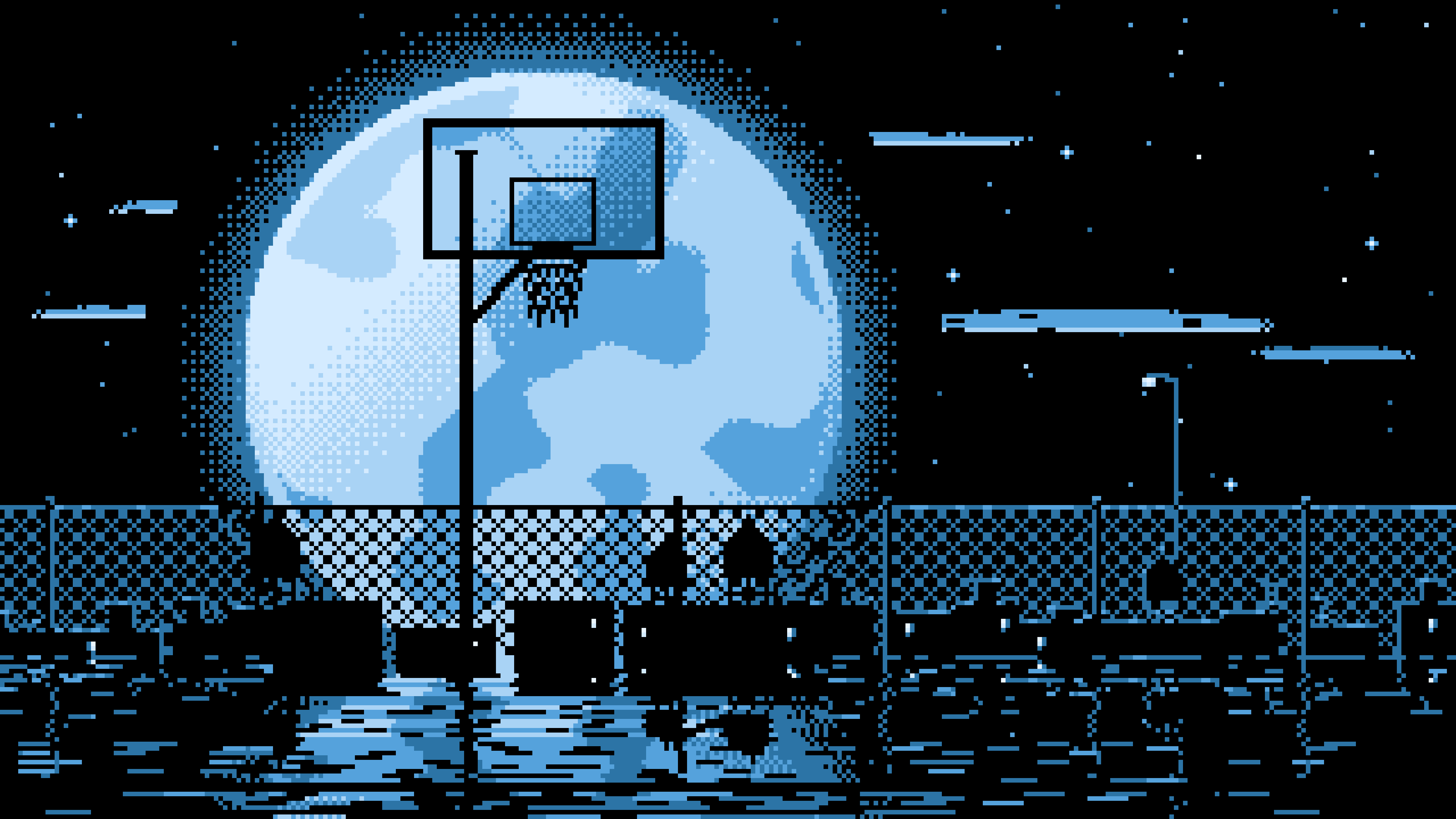 Light Blue Pixel Art Basketball Hoop and Full Moon desktop wallpaper in 4K