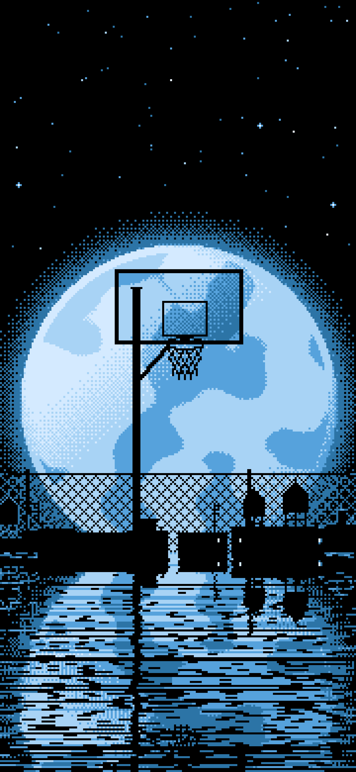 Light Blue Pixel Art Basketball Hoop and Full Moon wallpaper for iPhone and Android