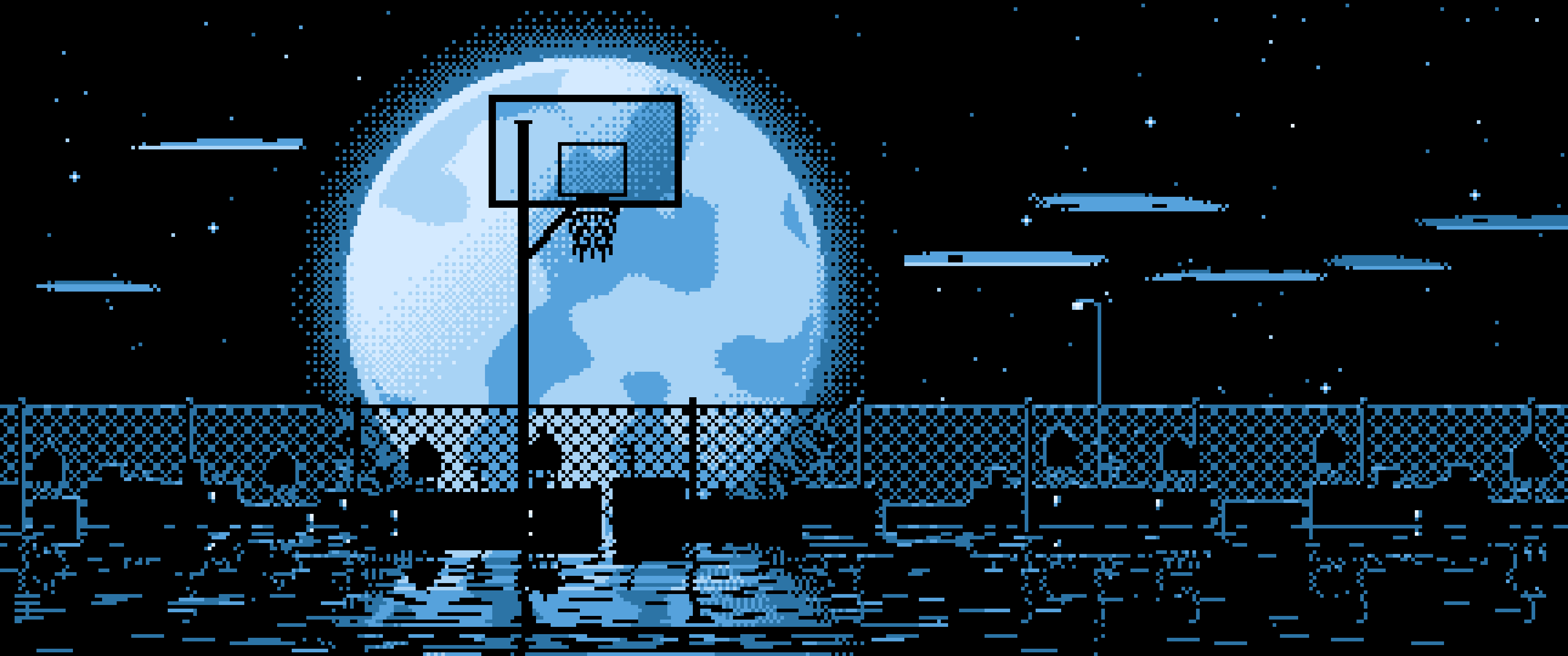 Light Blue Pixel Art Basketball Hoop and Full Moon ultrawide wallpaper, 3440 × 1440