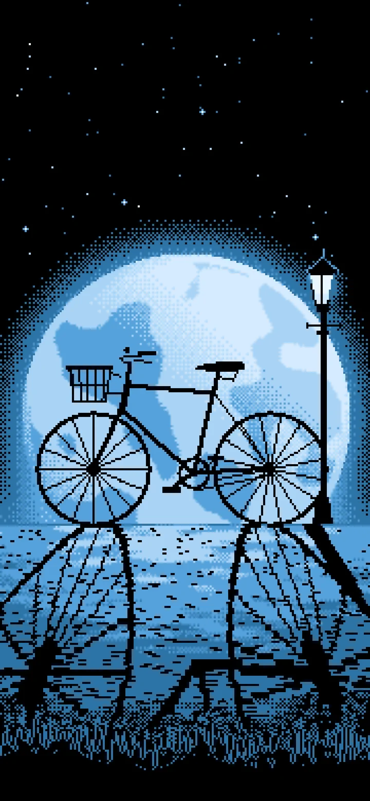 Light Blue Pixel Art Bicycle by a Street Lamp wallpaper for iPhone and Android