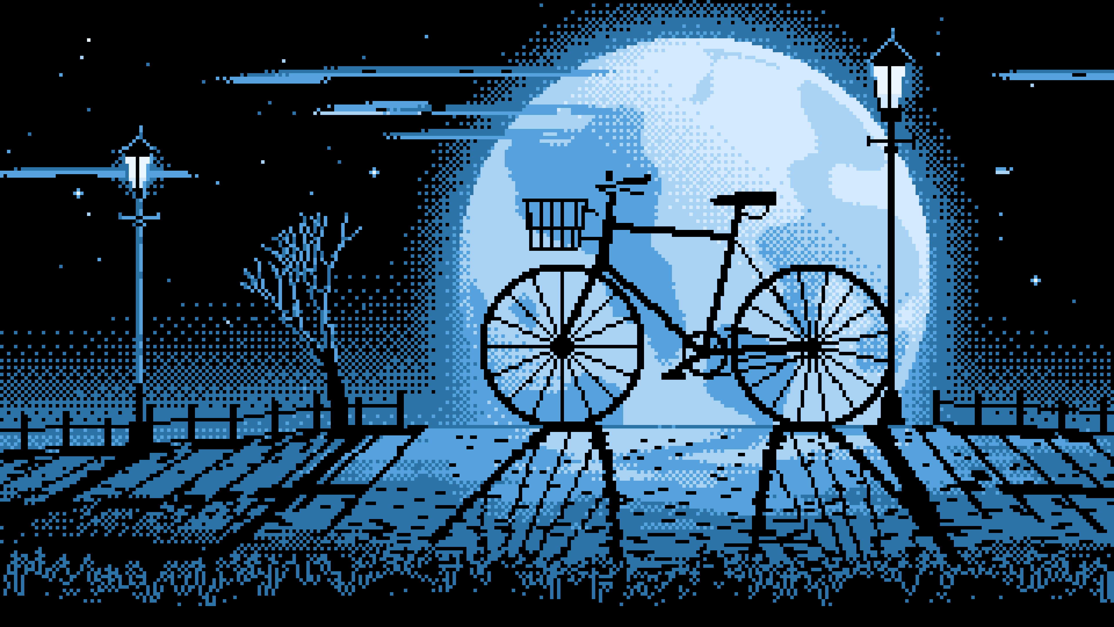 Light Blue Pixel Art Bicycle by a Street Lamp desktop wallpaper in 4K