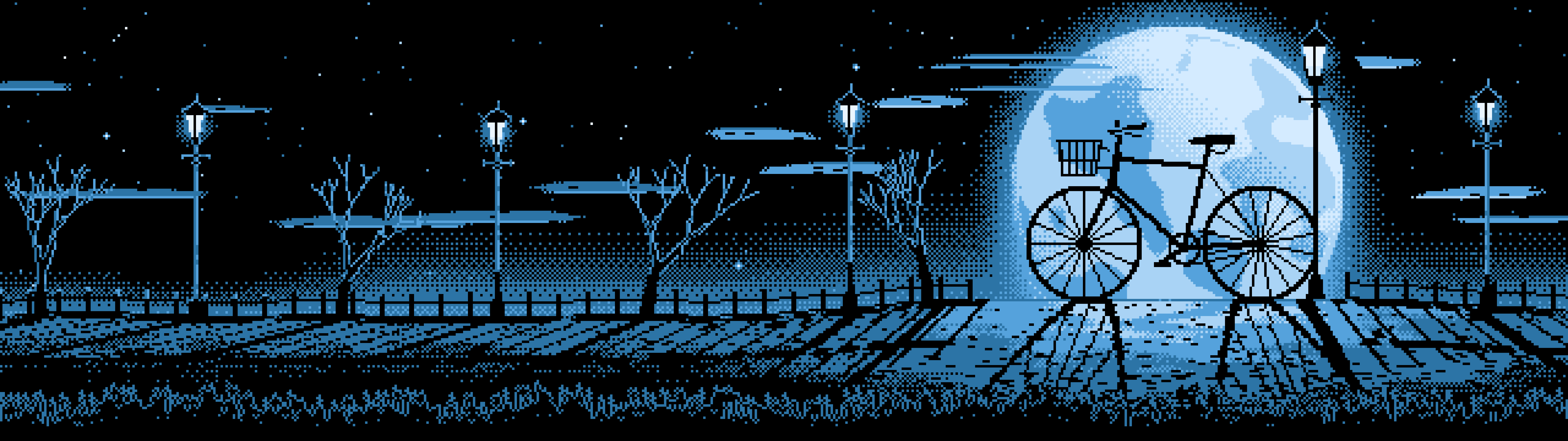 Light Blue Pixel Art Bicycle by a Street Lamp dual monitor wallpaper, 7680 × 2160
