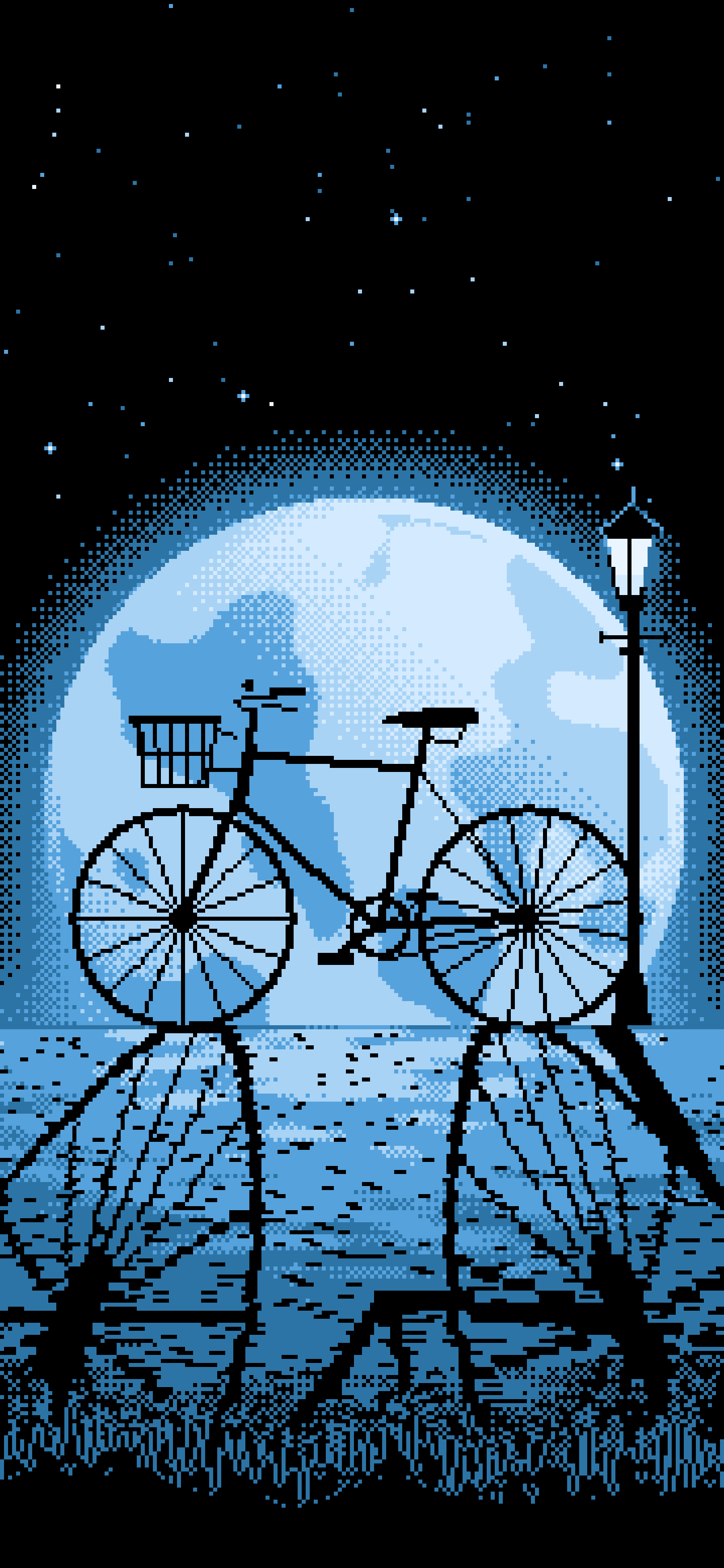 Light Blue Pixel Art Bicycle by a Street Lamp wallpaper for iPhone and Android