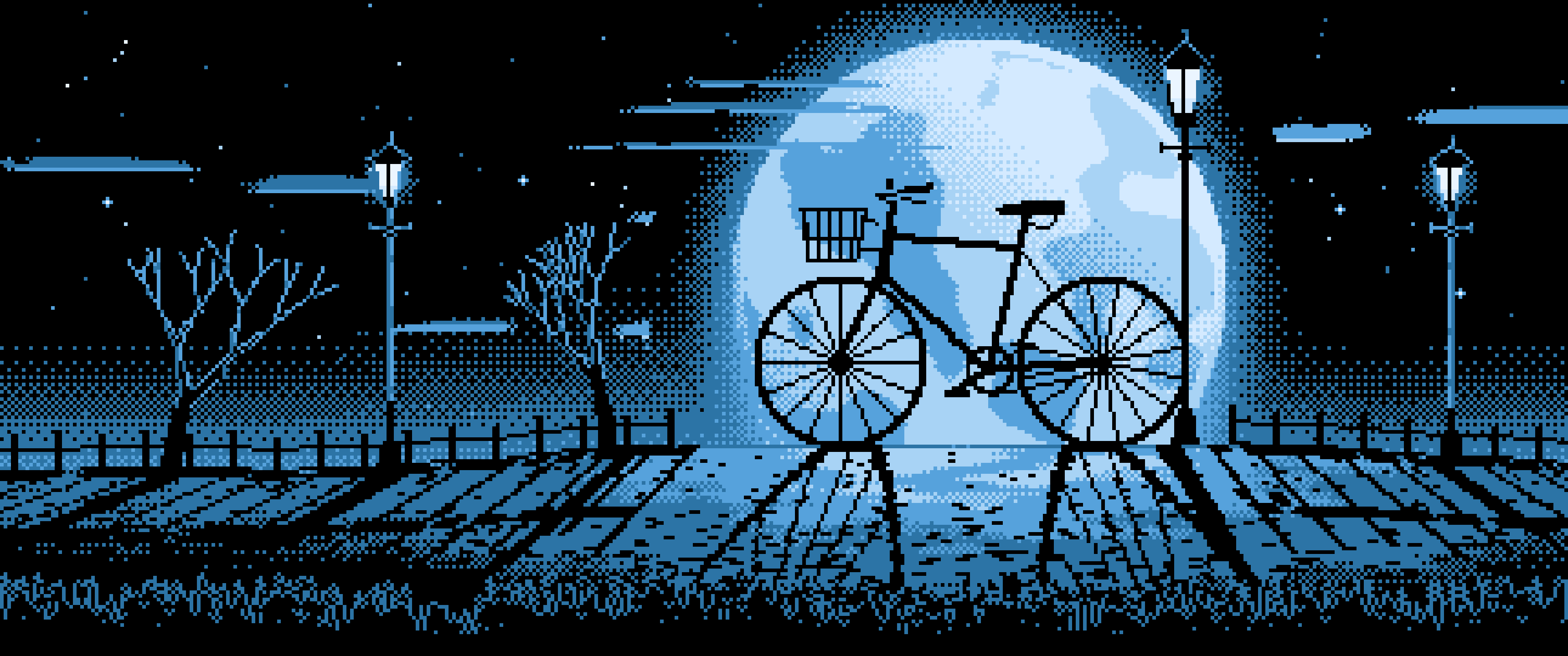Light Blue Pixel Art Bicycle by a Street Lamp ultrawide wallpaper, 3440 × 1440