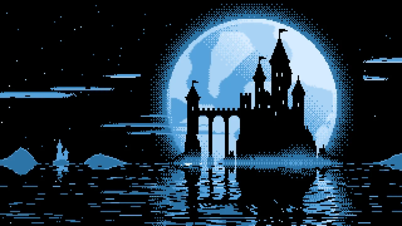 Light Blue Pixel Art Castle and Full Moon desktop wallpaper in 4K