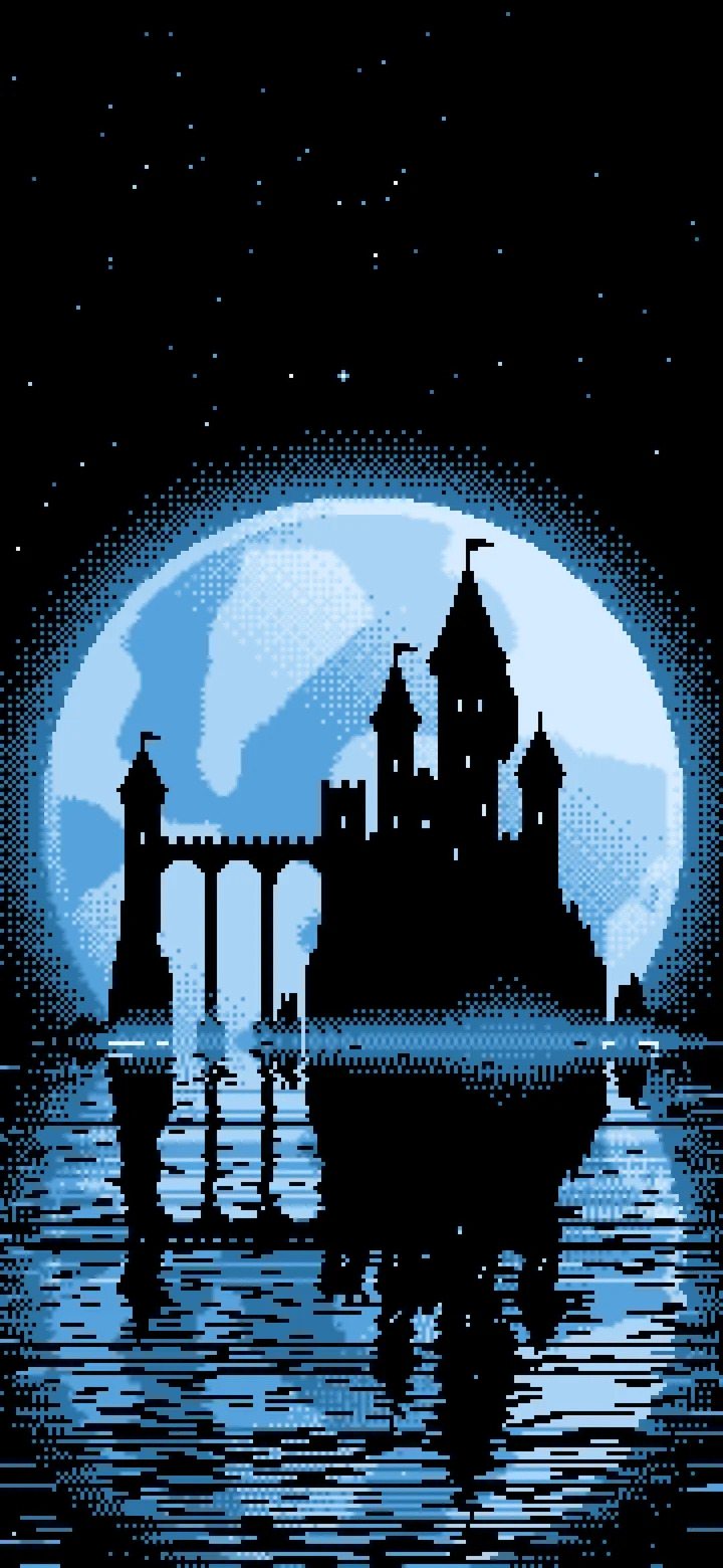 Light Blue Pixel Art Castle and Full Moon wallpaper for iPhone and Android