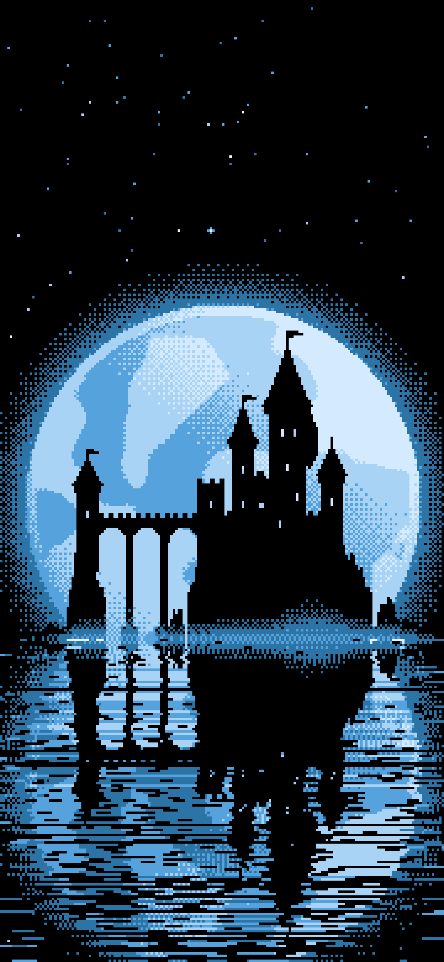 Light Blue Pixel Art Castle and Full Moon wallpaper for iPhone and Android