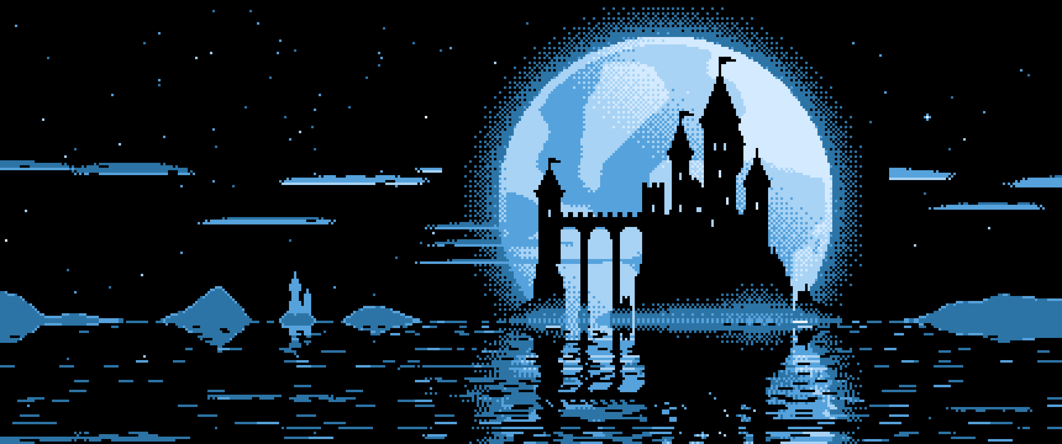 Light Blue Pixel Art Castle and Full Moon ultrawide wallpaper, 3440 × 1440