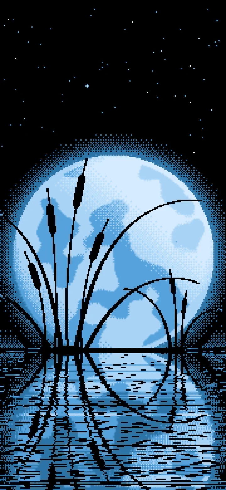 Light Blue Pixel Art Cattails and Full Moon wallpaper for iPhone and Android