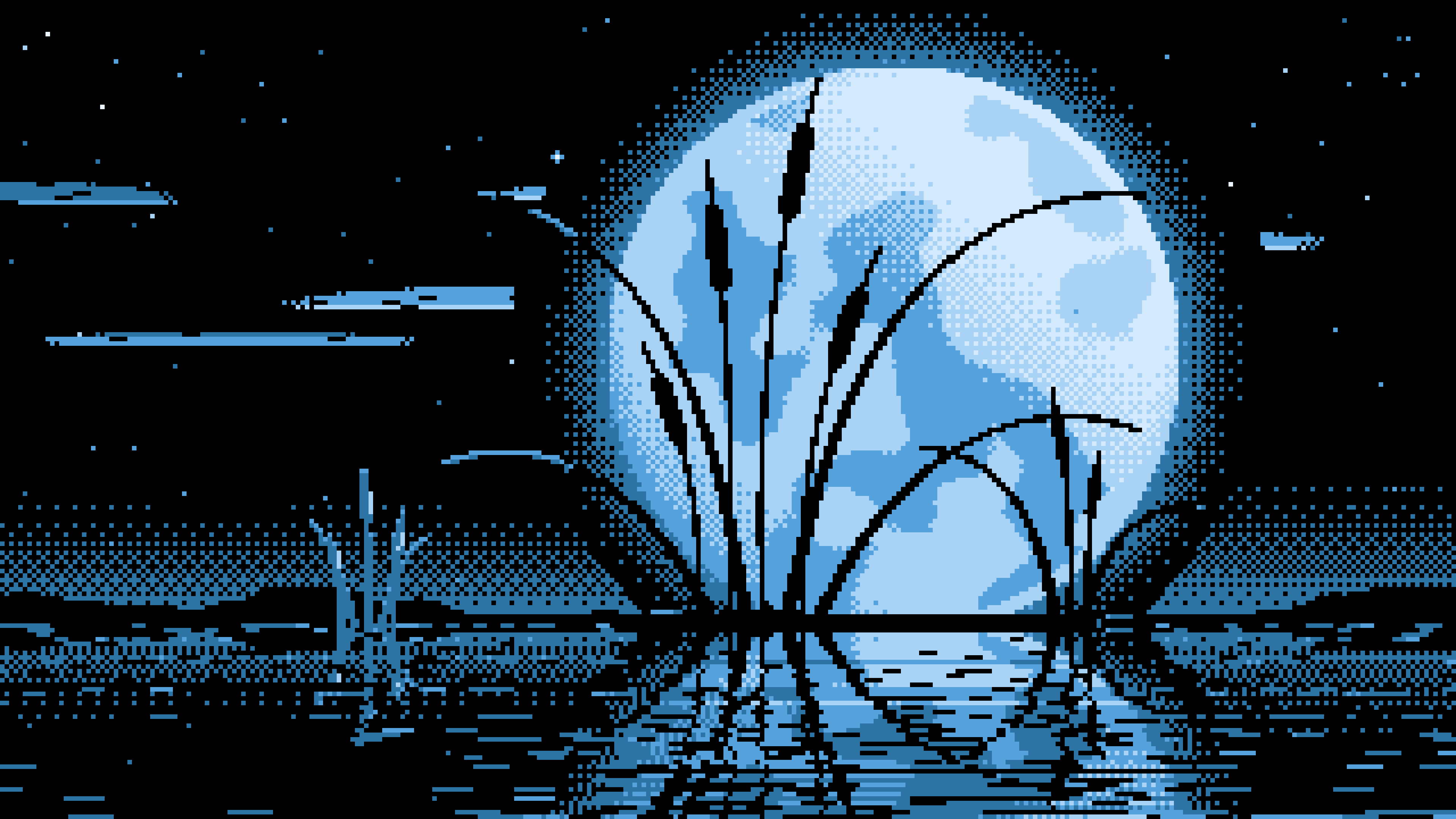 Light Blue Pixel Art Cattails and Full Moon desktop wallpaper in 4K