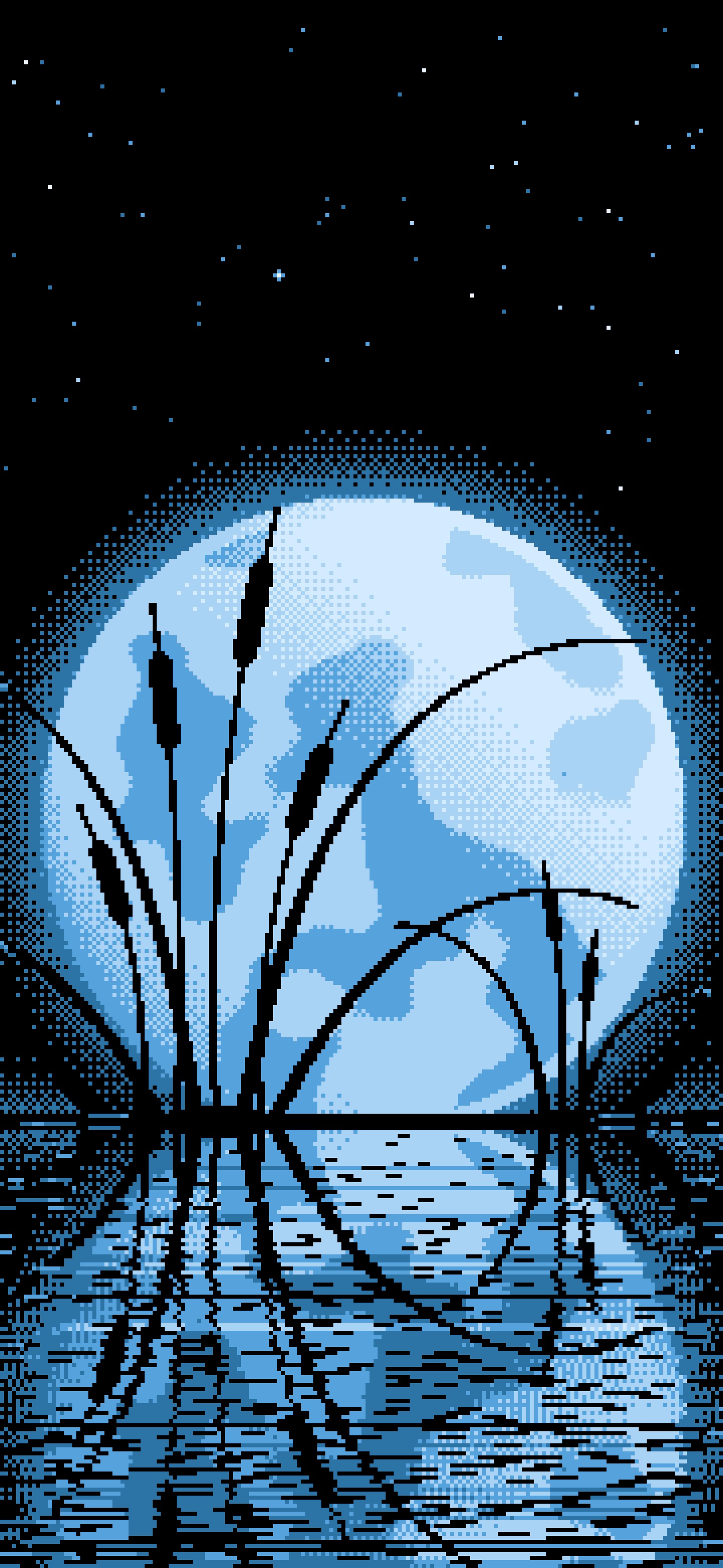 Light Blue Pixel Art Cattails and Full Moon wallpaper for iPhone and Android