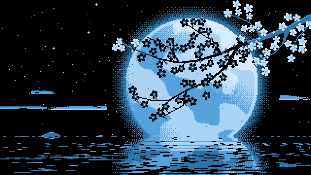 Light Blue Pixel Art Cherry Blossom Branch and Full Moon desktop wallpaper in 4K