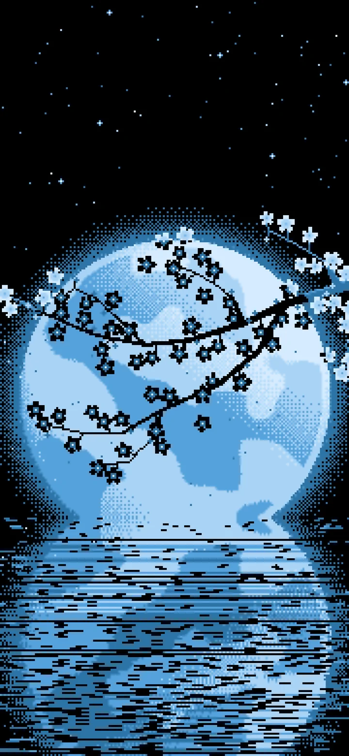 Light Blue Pixel Art Cherry Blossom Branch and Full Moon wallpaper for iPhone and Android
