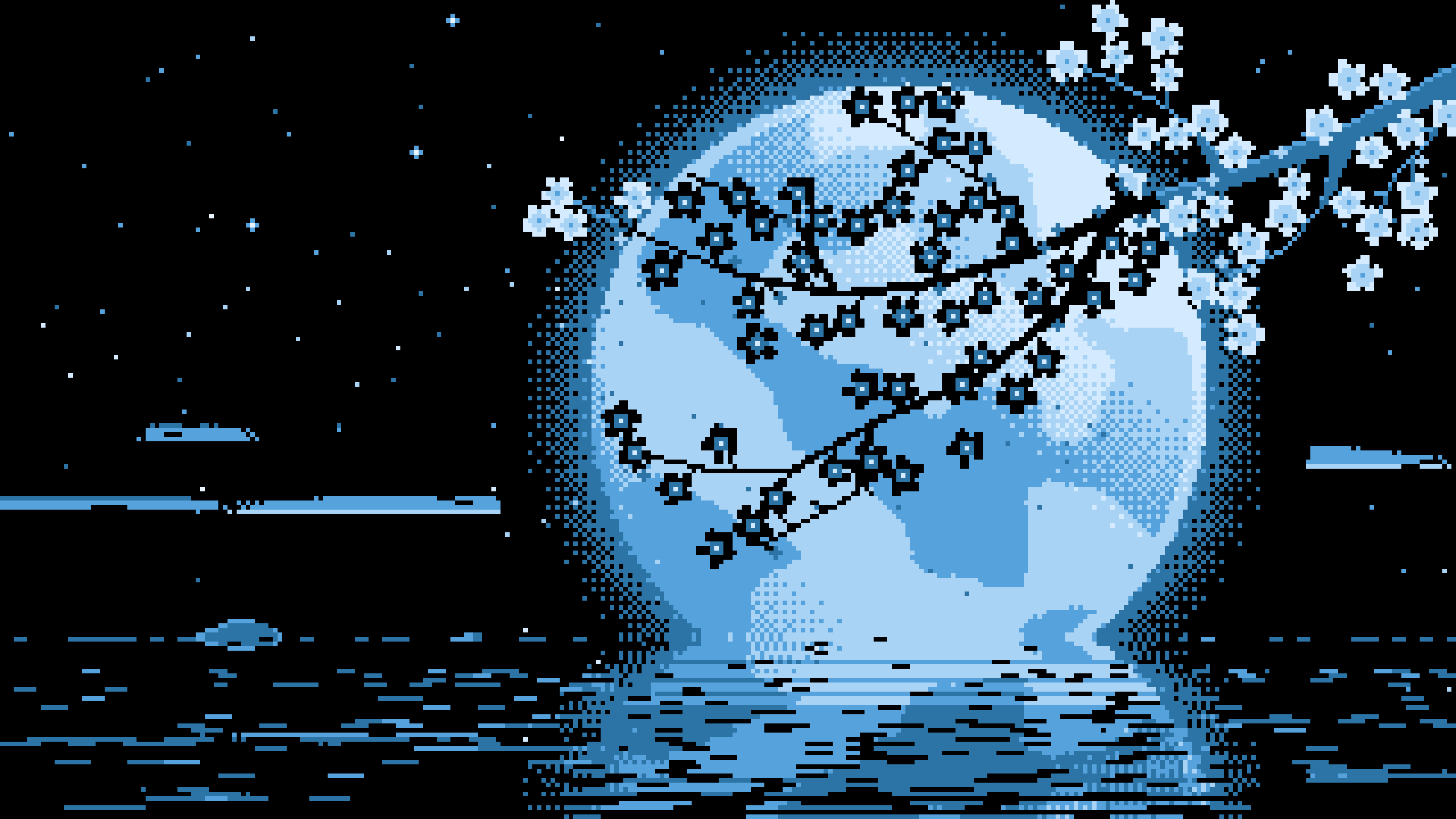 Light Blue Pixel Art Cherry Blossom Branch and Full Moon desktop wallpaper in 4K
