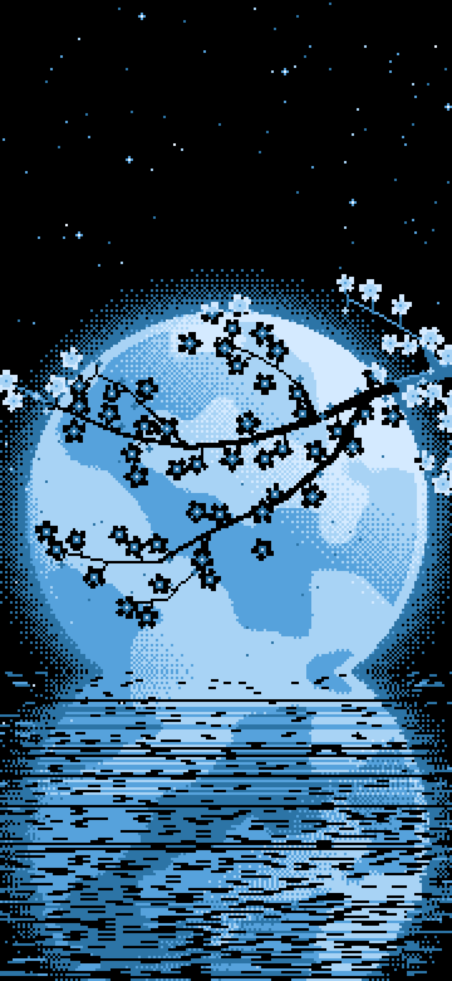 Light Blue Pixel Art Cherry Blossom Branch and Full Moon wallpaper for iPhone and Android