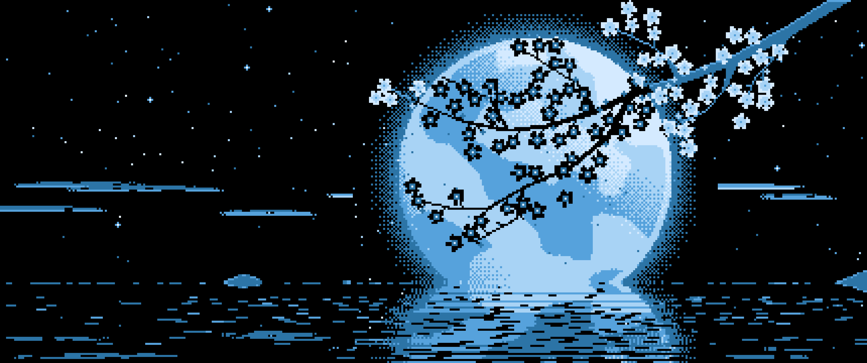 Light Blue Pixel Art Cherry Blossom Branch and Full Moon ultrawide wallpaper, 3440 × 1440
