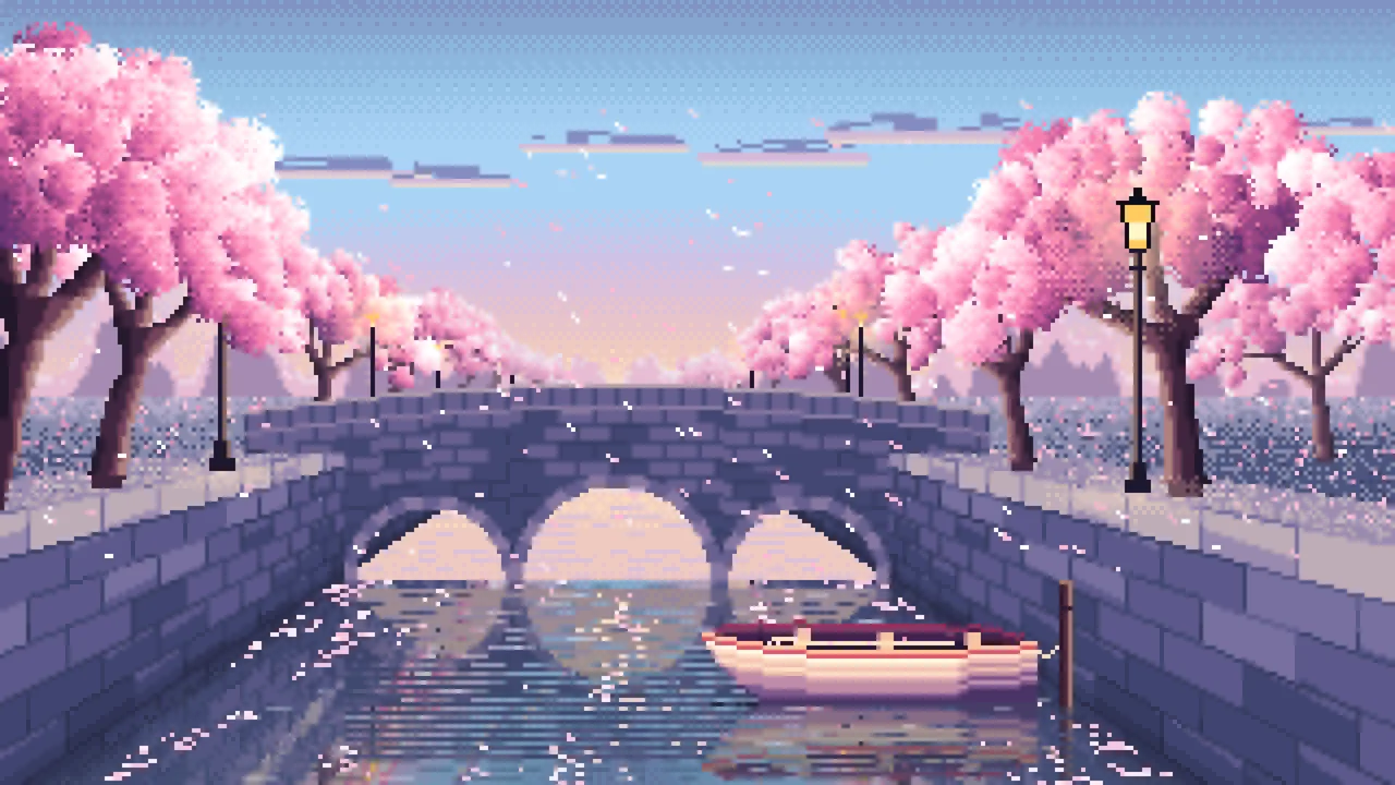 Light Blue Pixel Art Cherry Blossom Canal at Dusk desktop wallpaper in 4K