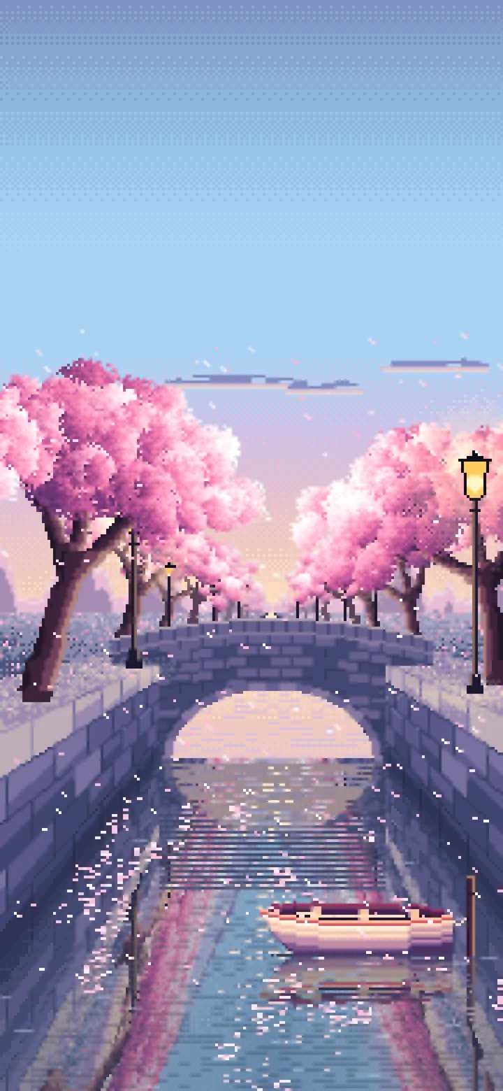 Light Blue Pixel Art Cherry Blossom Canal at Dusk wallpaper for iPhone and Android