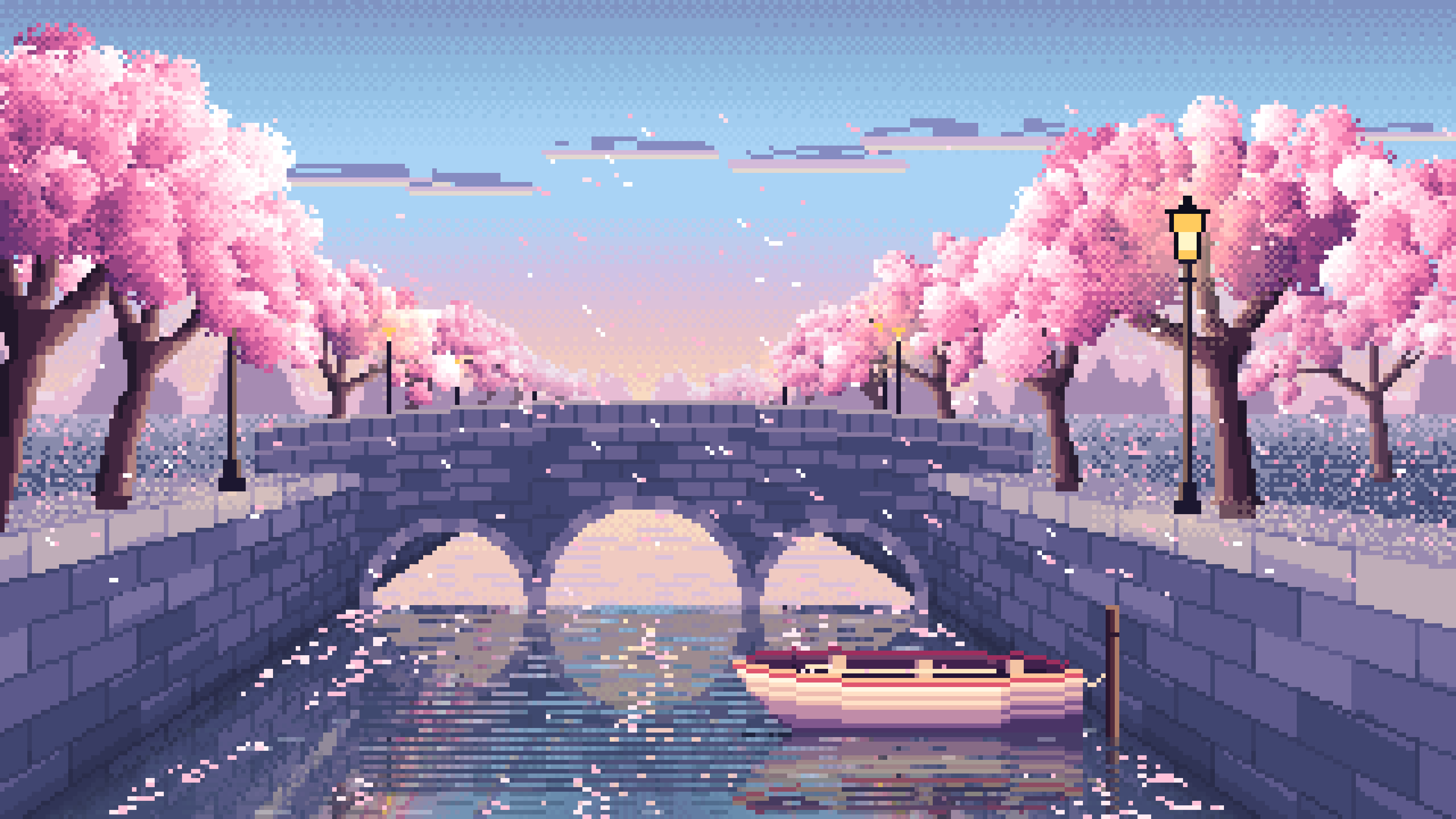 Light Blue Pixel Art Cherry Blossom Canal at Dusk desktop wallpaper in 4K