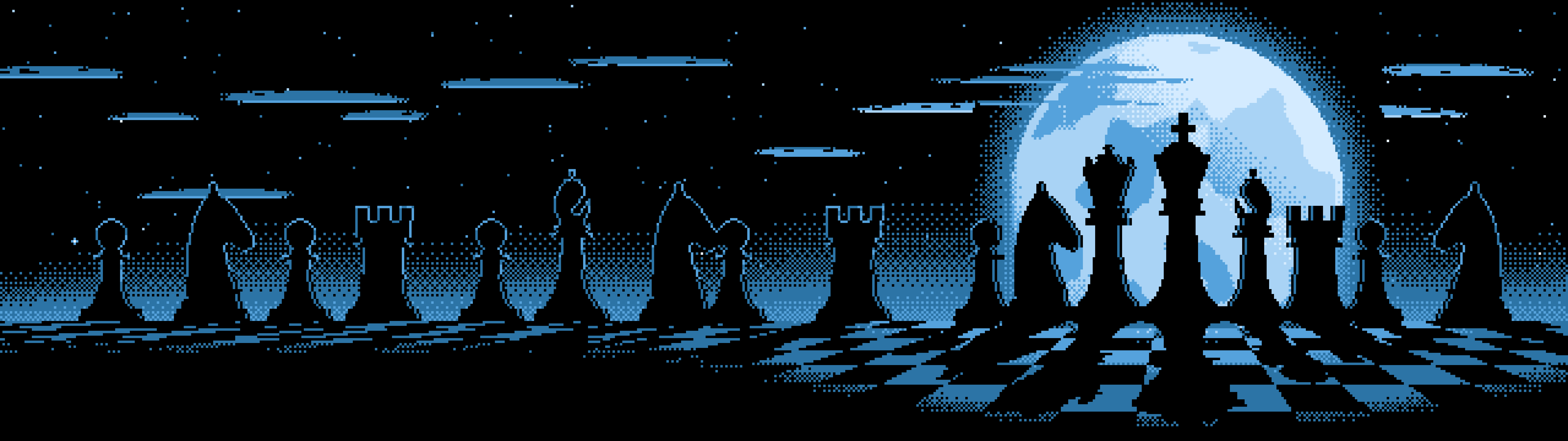Light Blue Pixel Art Chess Pieces dual monitor wallpaper, 7680 × 2160