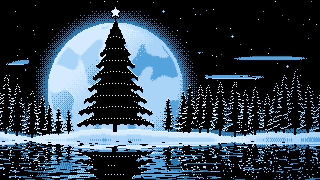 Light Blue Pixel Art Christmas Tree and Full Moon desktop wallpaper in 4K