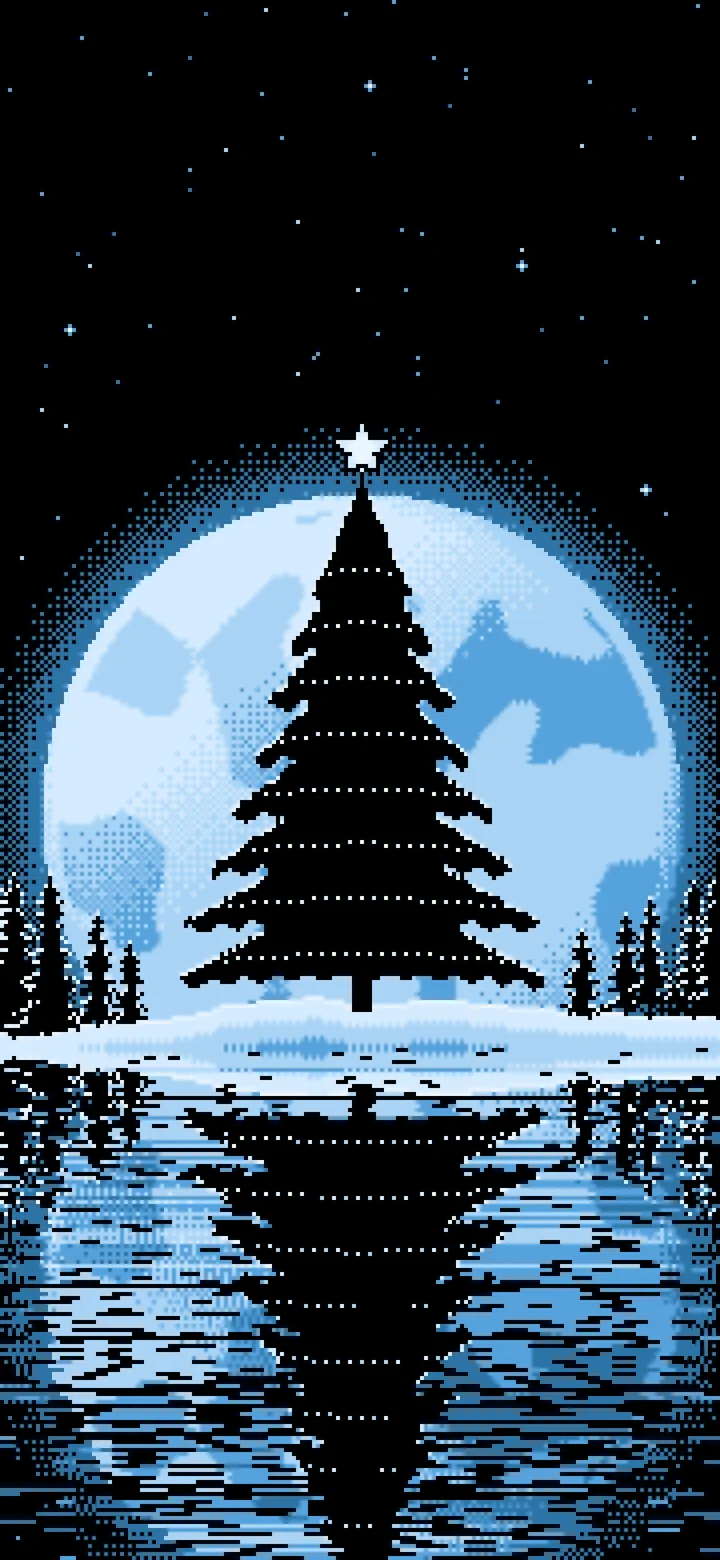 Light Blue Pixel Art Christmas Tree and Full Moon wallpaper for iPhone and Android