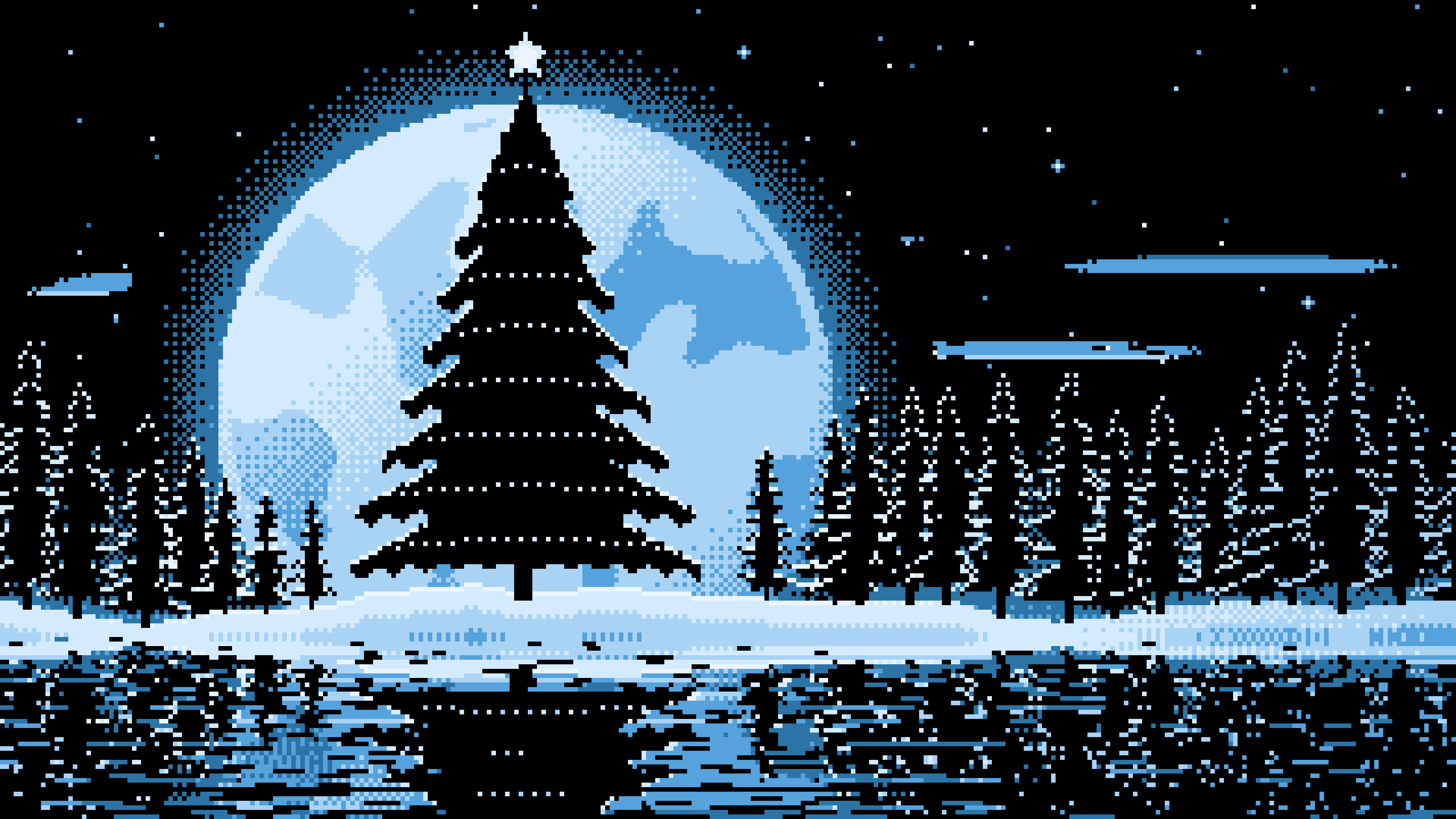 Light Blue Pixel Art Christmas Tree and Full Moon desktop wallpaper in 4K