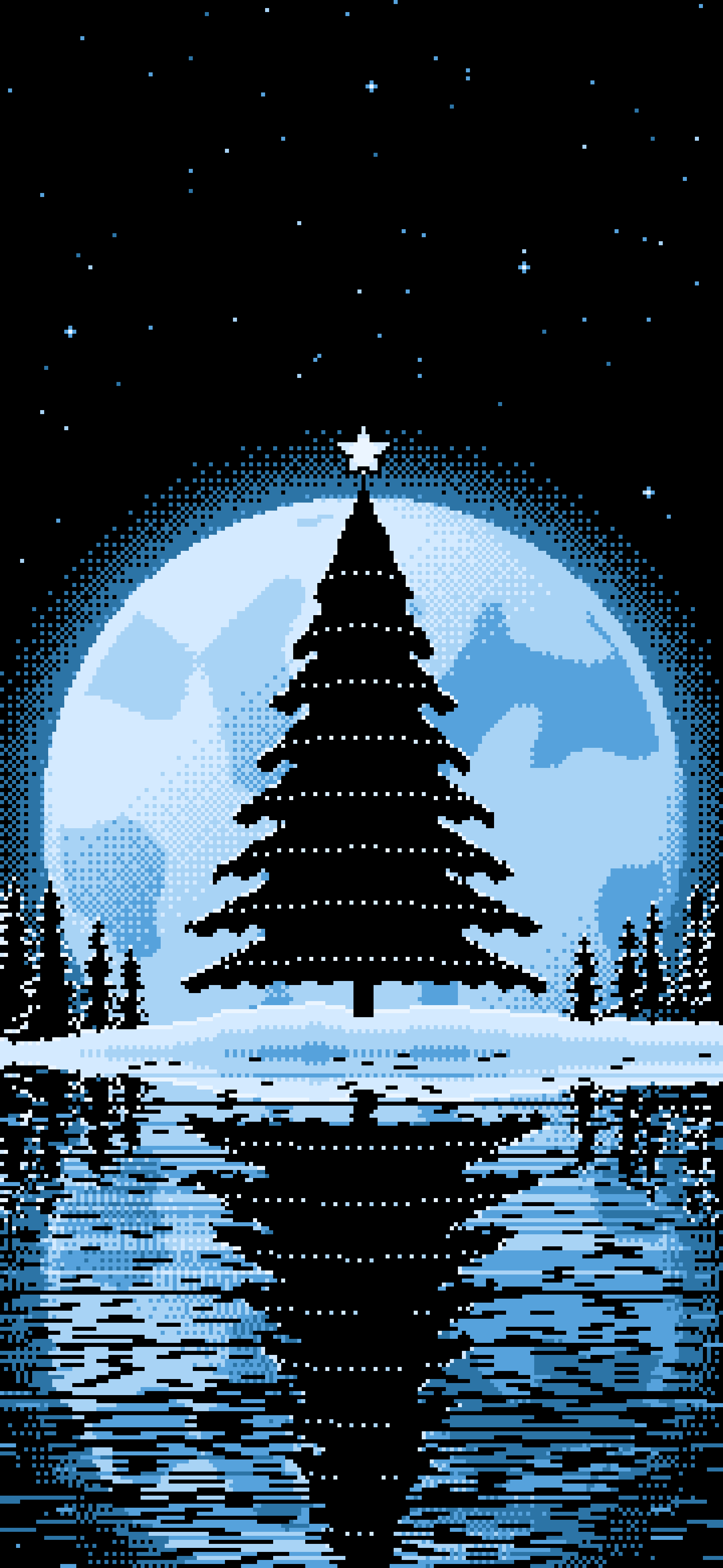 Light Blue Pixel Art Christmas Tree and Full Moon wallpaper for iPhone and Android