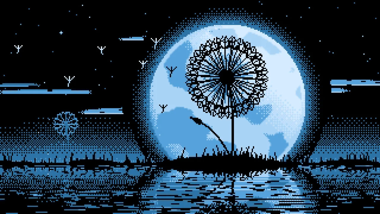 Light Blue Pixel Art Dandelion and Full Moon desktop wallpaper in 4K