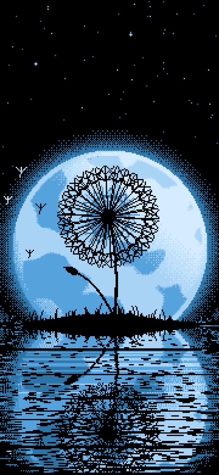 Light Blue Pixel Art Dandelion and Full Moon wallpaper for iPhone and Android