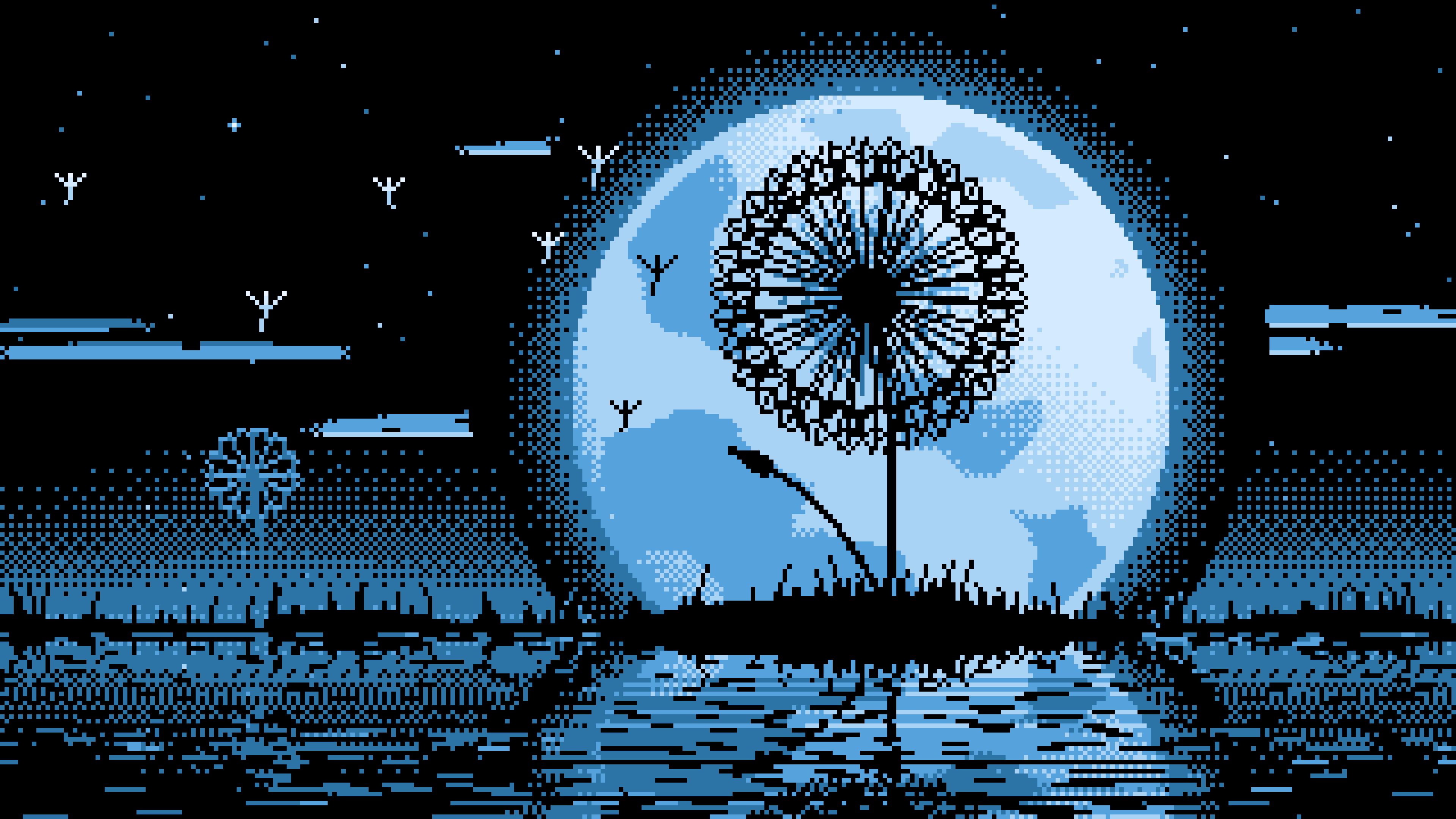 Light Blue Pixel Art Dandelion and Full Moon desktop wallpaper in 4K