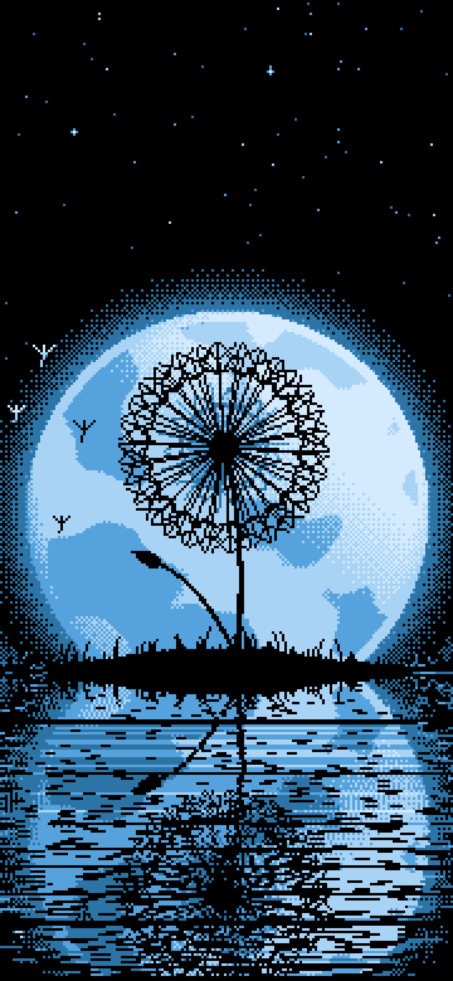 Light Blue Pixel Art Dandelion and Full Moon wallpaper for iPhone and Android