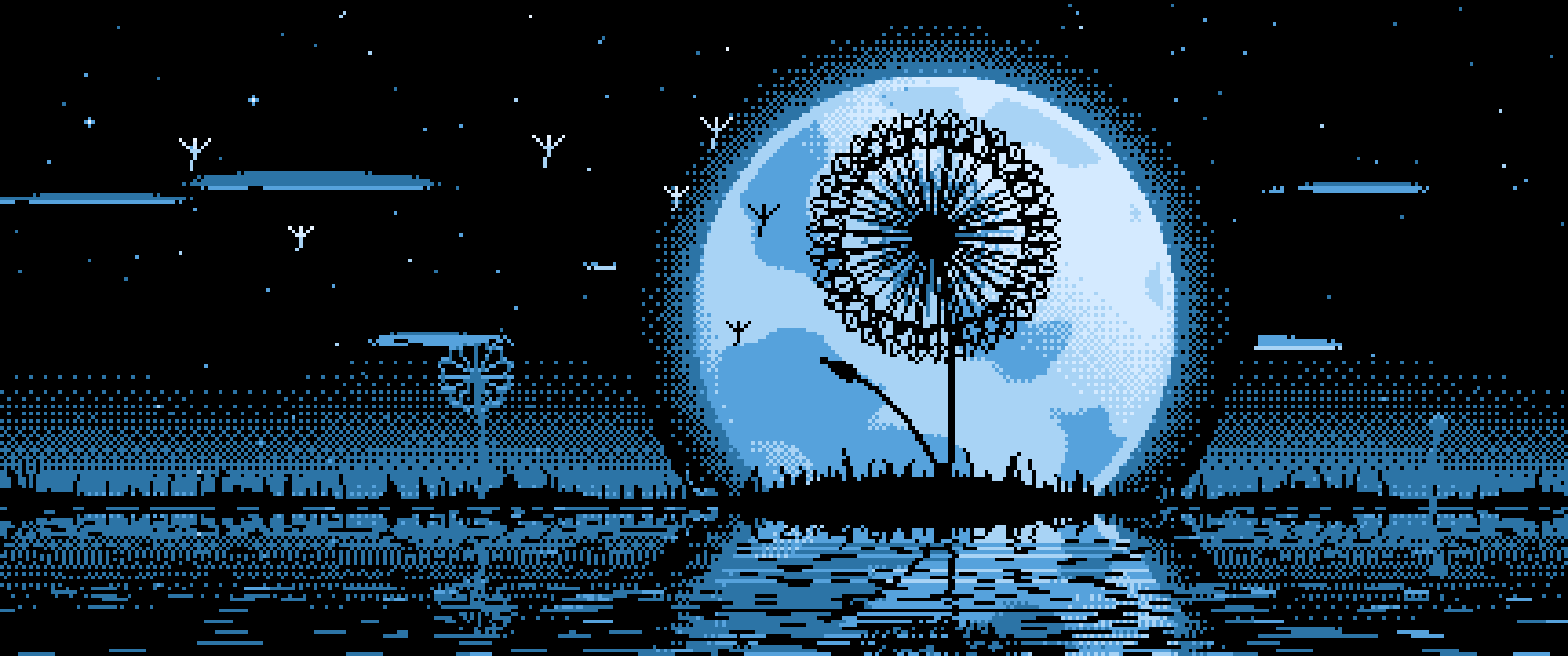Light Blue Pixel Art Dandelion and Full Moon ultrawide wallpaper, 3440 × 1440