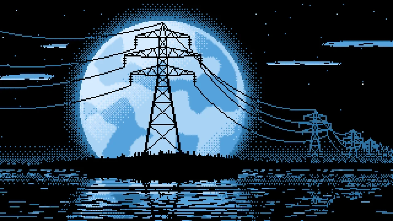 Light Blue Pixel Art Electricity Pylon and Full Moon desktop wallpaper in 4K