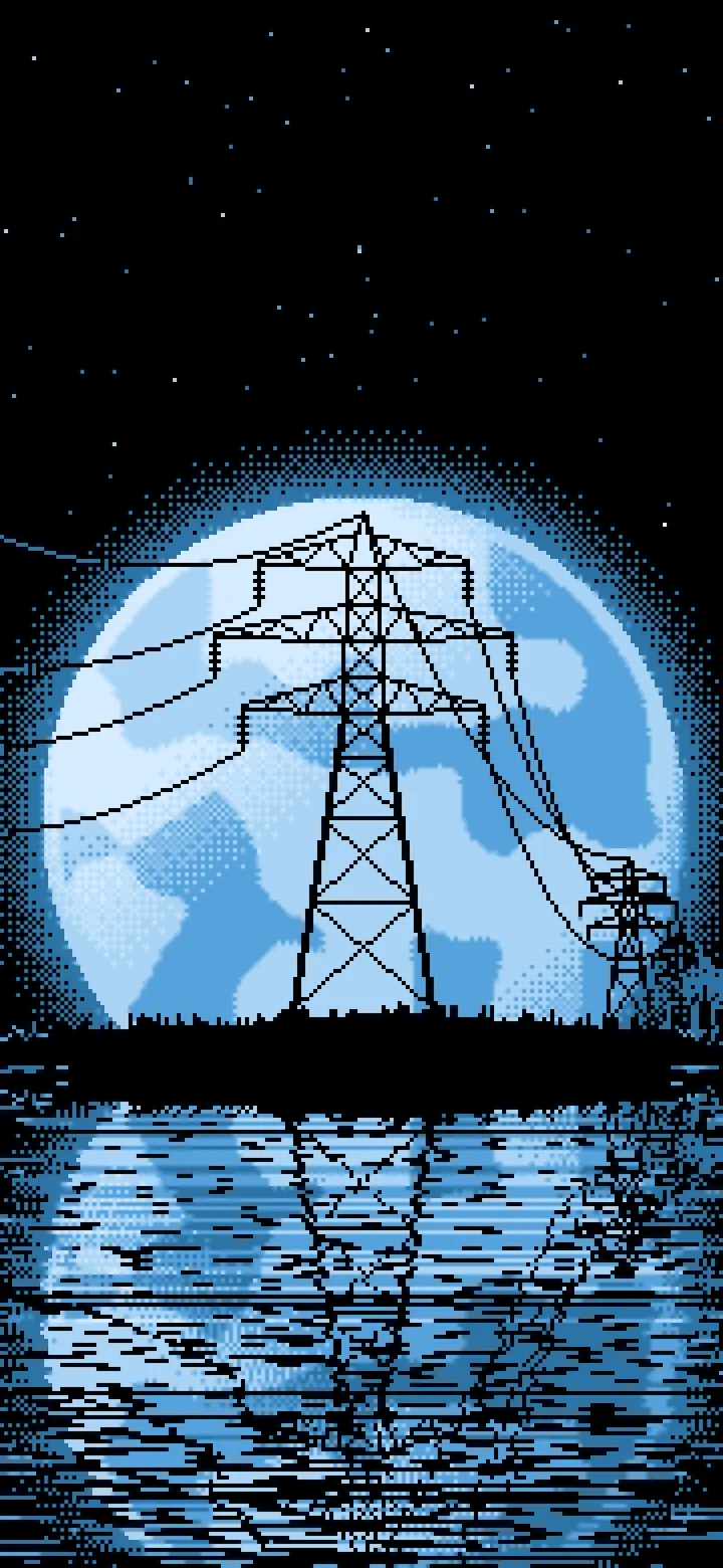 Light Blue Pixel Art Electricity Pylon and Full Moon wallpaper for iPhone and Android